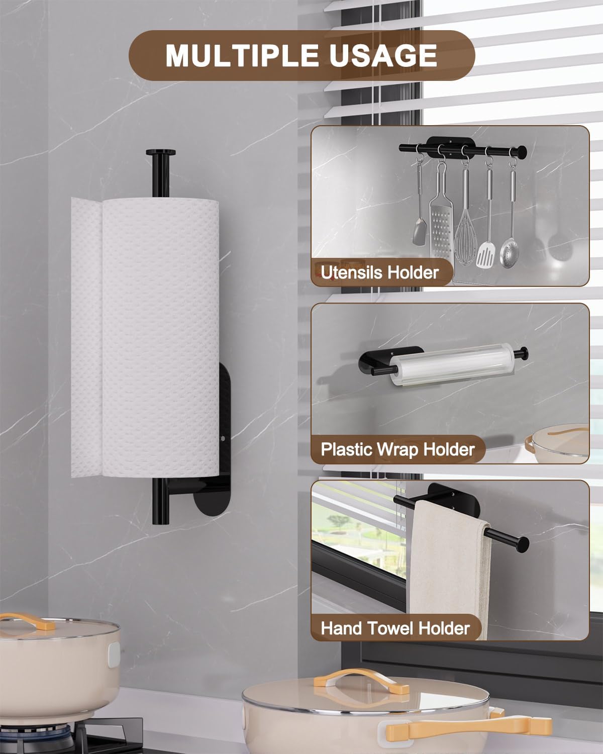 Thickened Steel Paper Towel Holders Under Cabinet for Kitchen, Bathroom, SUS304 Stainless Steel Pipe Hanging Paper Towel Rack Wall Mount, Self-Adhesive and Screws, Black - Image 4