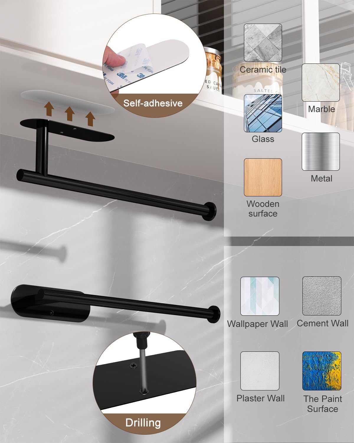 Thickened Steel Paper Towel Holders Under Cabinet for Kitchen, Bathroom, SUS304 Stainless Steel Pipe Hanging Paper Towel Rack Wall Mount, Self-Adhesive and Screws, Black - Image 5