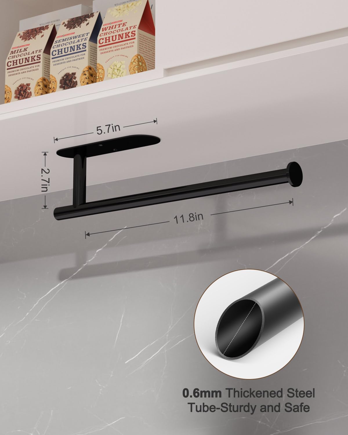 Thickened Steel Paper Towel Holders Under Cabinet for Kitchen, Bathroom, SUS304 Stainless Steel Pipe Hanging Paper Towel Rack Wall Mount, Self-Adhesive and Screws, Black - Image 6