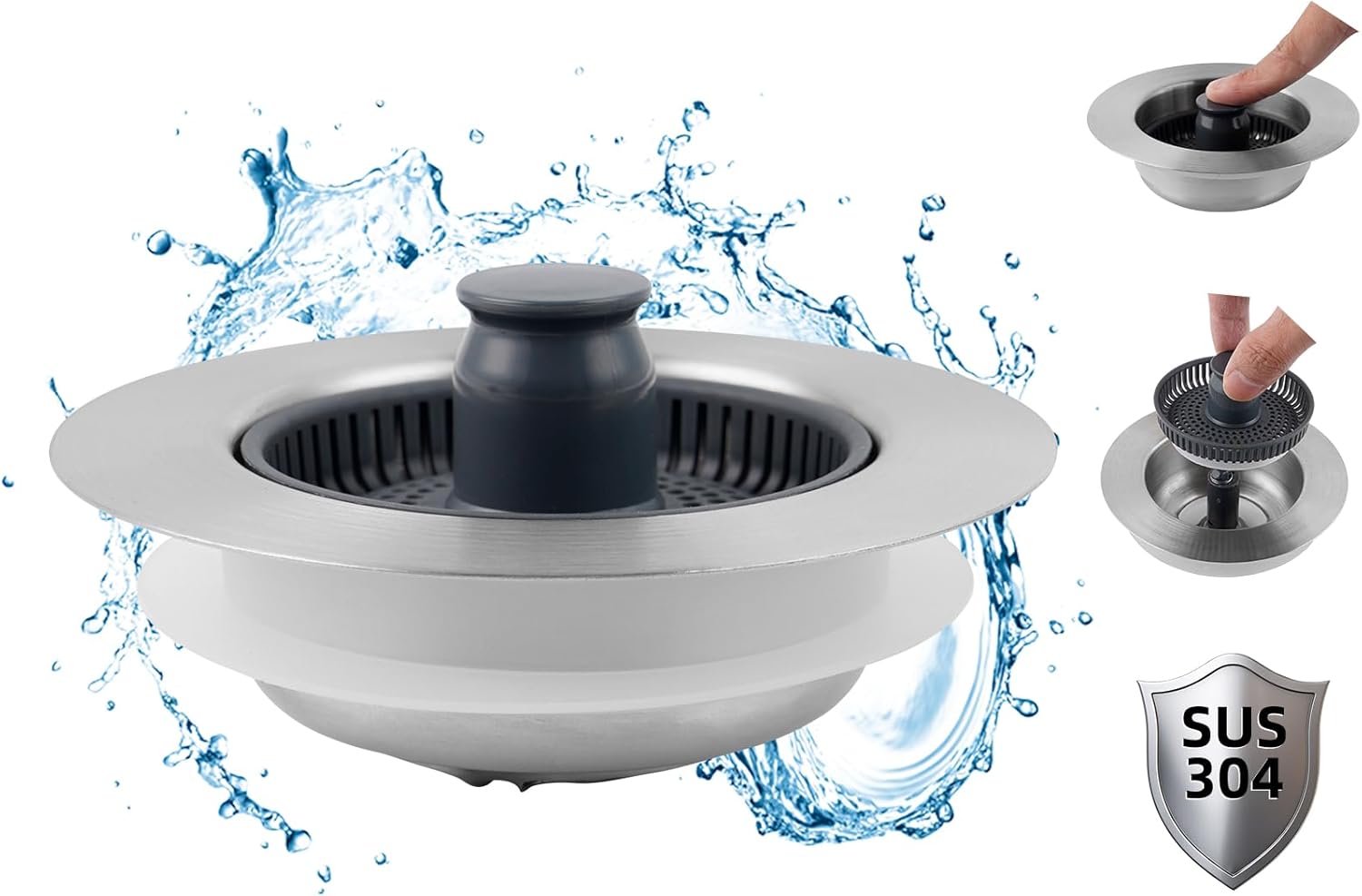 Upgraded 3 in 1 Kitchen Sink Drain Strainer and Stopper Combo, Stainless Steel Metal Pop Up Sink Stopper, Anti-Clogging Basket Strainer with Handle for US Standard 3-1/2 Inch Drain, Grey - Image 1