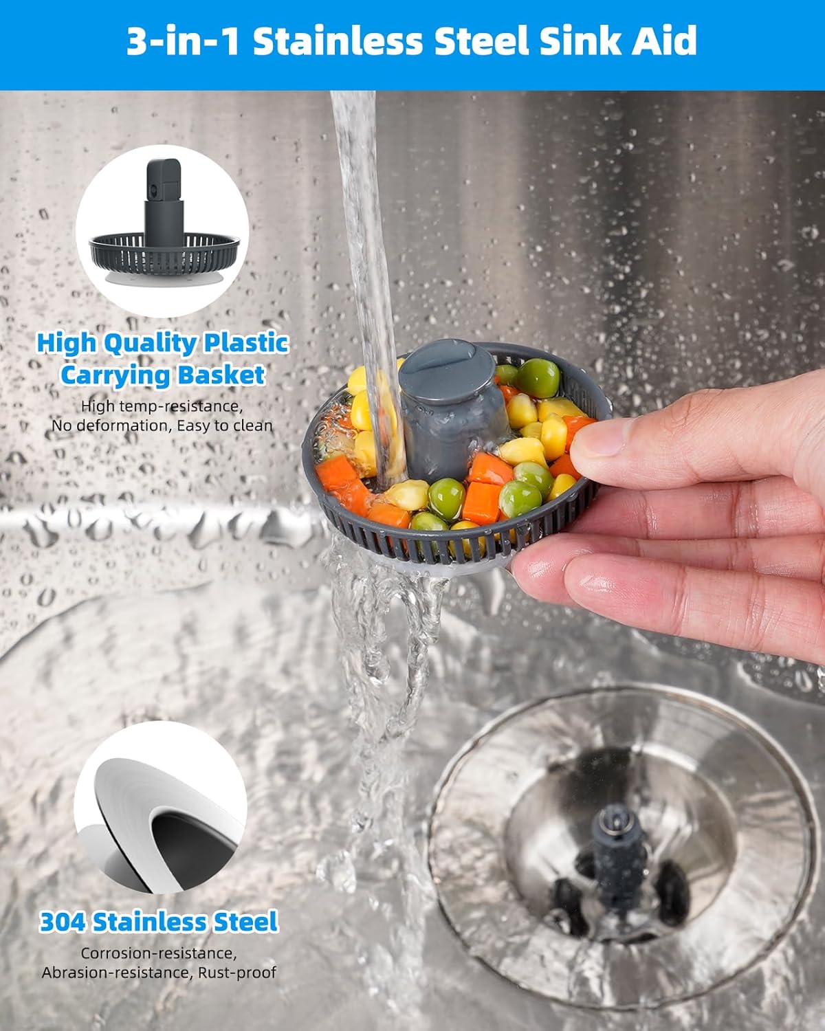 Upgraded 3 in 1 Kitchen Sink Drain Strainer and Stopper Combo, Stainless Steel Metal Pop Up Sink Stopper, Anti-Clogging Basket Strainer with Handle for US Standard 3-1/2 Inch Drain, Grey - Image 2
