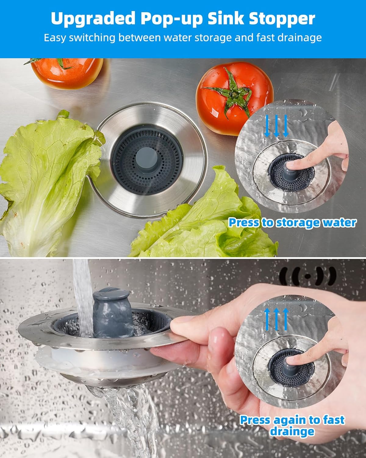 Upgraded 3 in 1 Kitchen Sink Drain Strainer and Stopper Combo, Stainless Steel Metal Pop Up Sink Stopper, Anti-Clogging Basket Strainer with Handle for US Standard 3-1/2 Inch Drain, Grey - Image 3