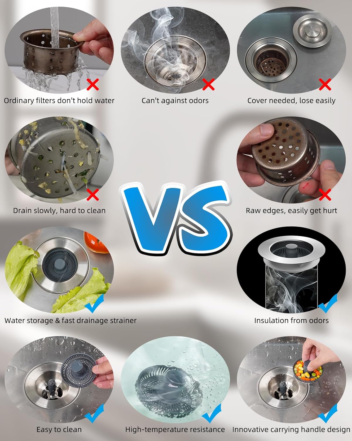 Upgraded 3 in 1 Kitchen Sink Drain Strainer and Stopper Combo, Stainless Steel Metal Pop Up Sink Stopper, Anti-Clogging Basket Strainer with Handle for US Standard 3-1/2 Inch Drain, Grey - Image 4