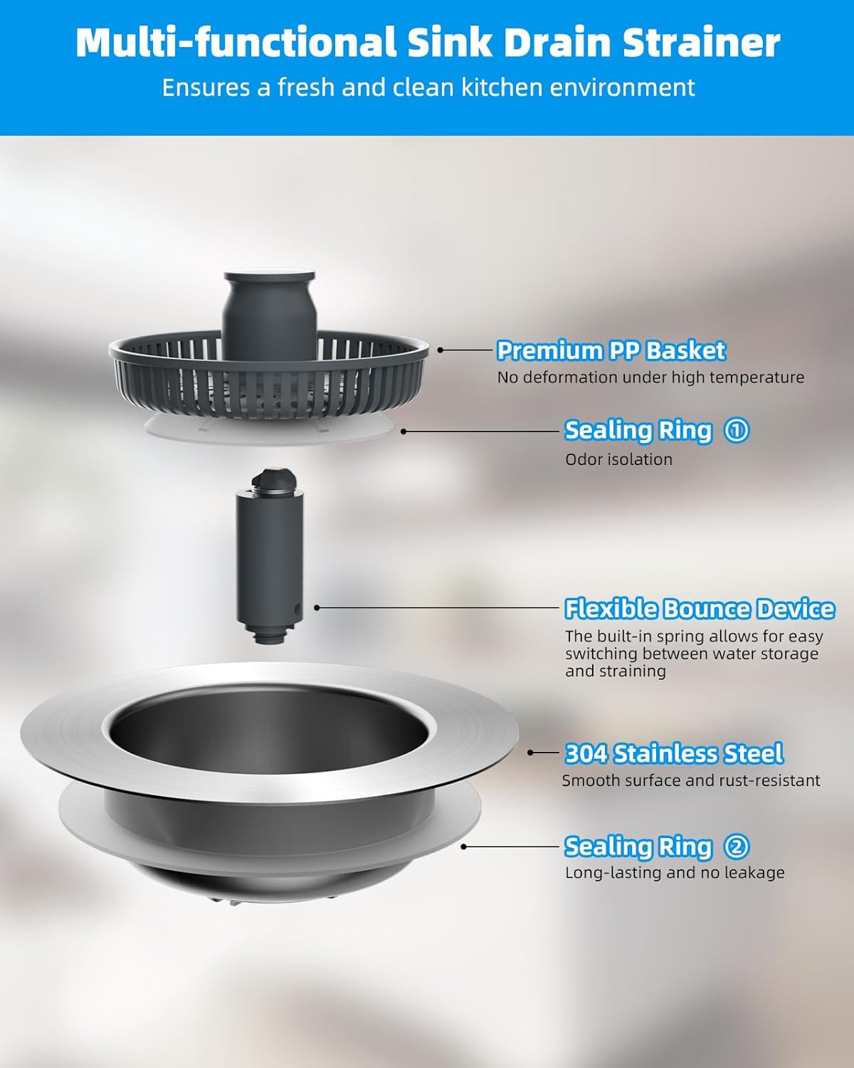 Upgraded 3 in 1 Kitchen Sink Drain Strainer and Stopper Combo, Stainless Steel Metal Pop Up Sink Stopper, Anti-Clogging Basket Strainer with Handle for US Standard 3-1/2 Inch Drain, Grey - Image 6
