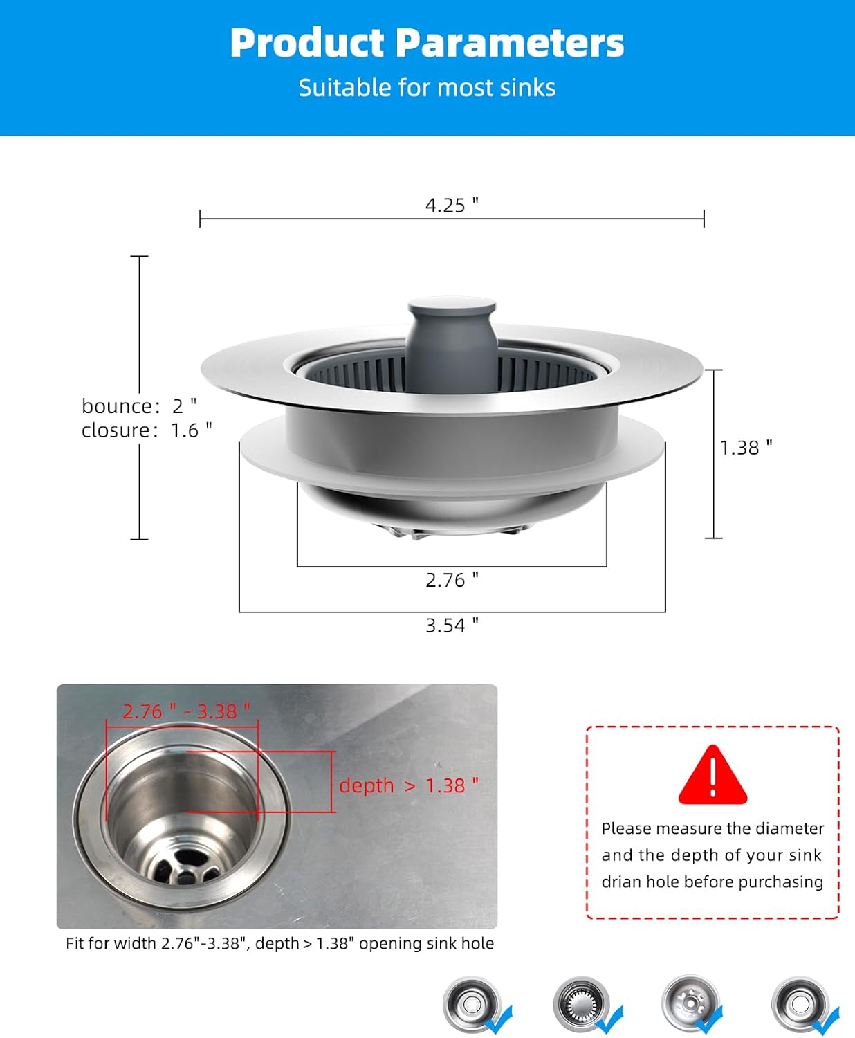 Upgraded 3 in 1 Kitchen Sink Drain Strainer and Stopper Combo, Stainless Steel Metal Pop Up Sink Stopper, Anti-Clogging Basket Strainer with Handle for US Standard 3-1/2 Inch Drain, Grey - Image 7