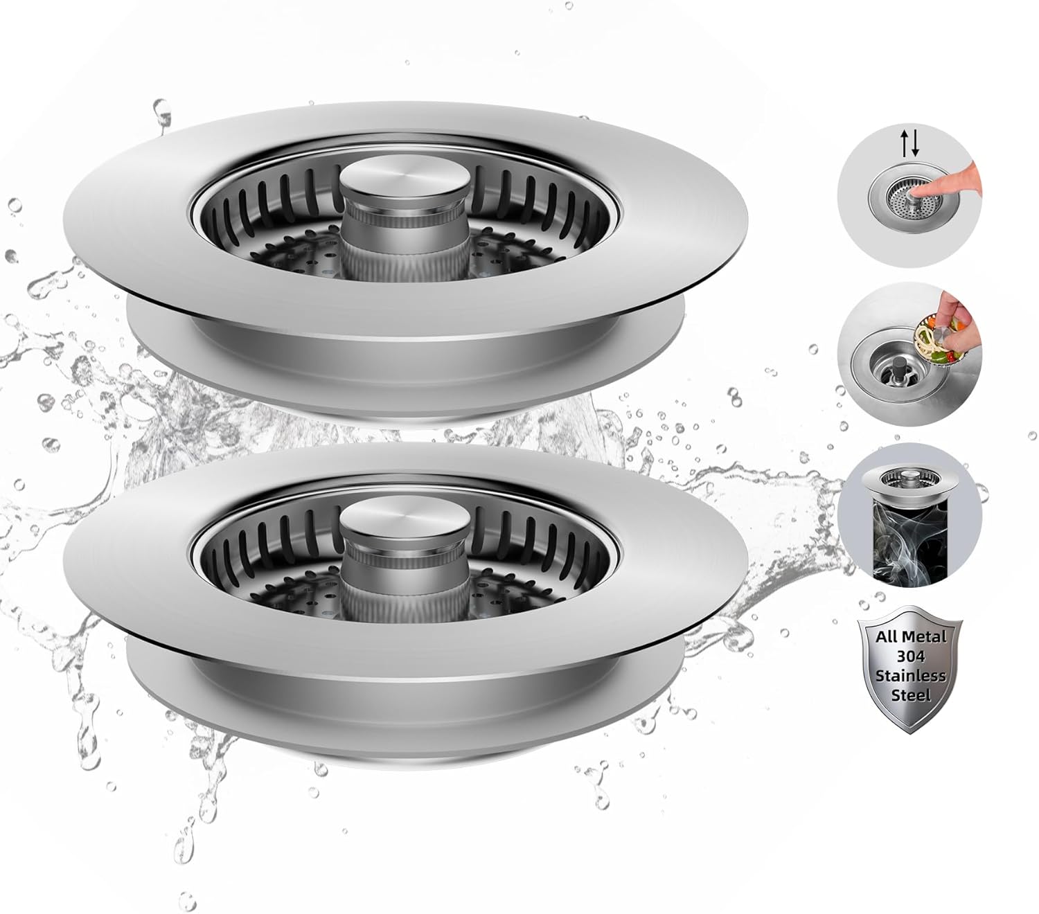 2 Pack All Metal Stainless Steel 3 in 1 Kitchen Sink Drain Strainer, Upgraded Anti-Rust Sink Stop Combo, Anti-Clogging Stainless Steel Basket with Metal Handle for US Standard 3-1/2