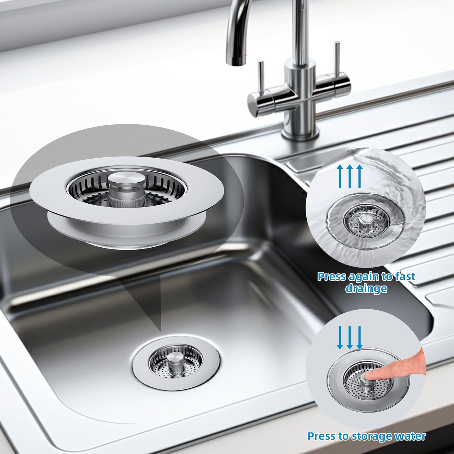 2 Pack All Metal Stainless Steel 3 in 1 Kitchen Sink Drain Strainer, Upgraded Anti-Rust Sink Stop Combo, Anti-Clogging Stainless Steel Basket with Metal Handle for US Standard 3-1/2
