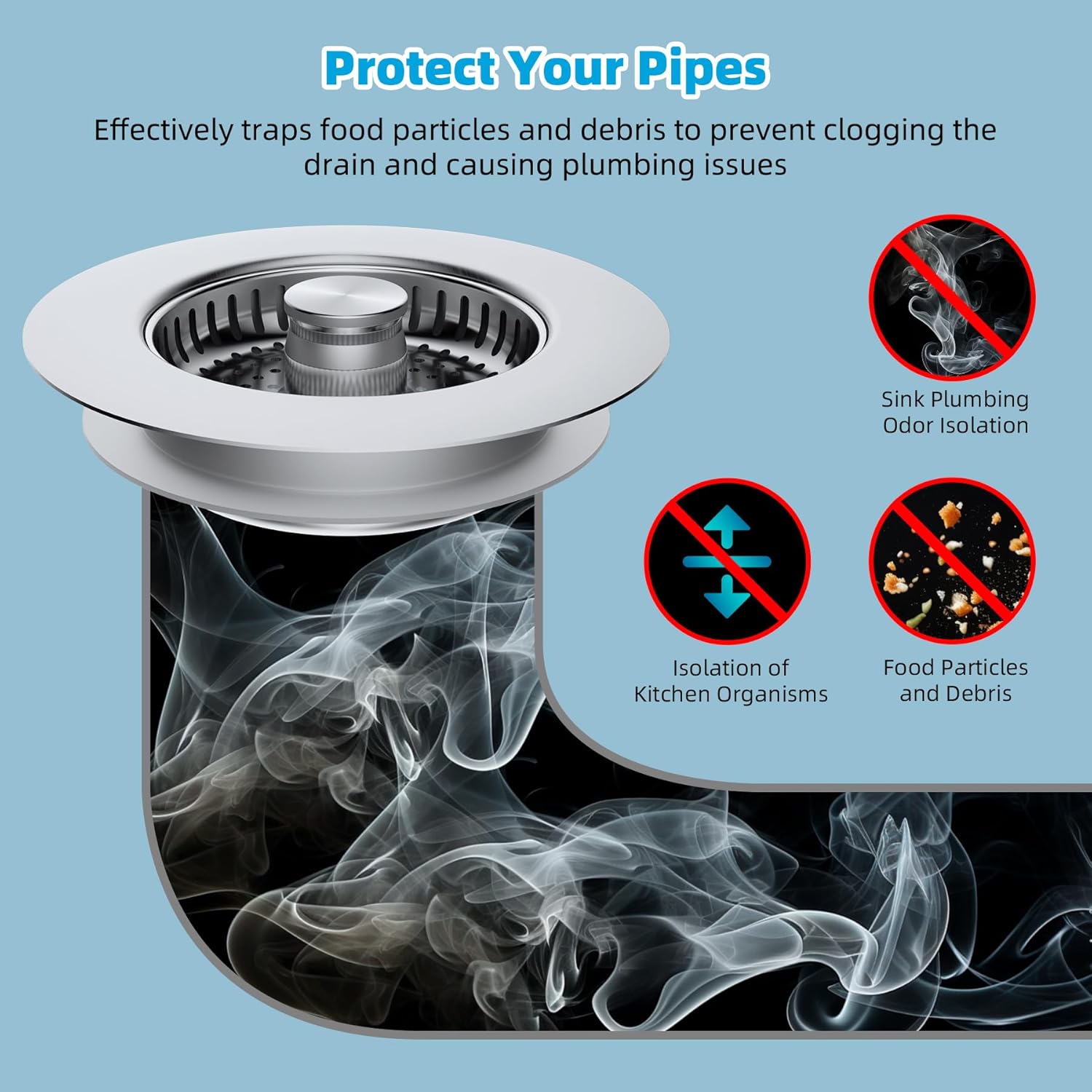 2 Pack All Metal Stainless Steel 3 in 1 Kitchen Sink Drain Strainer, Upgraded Anti-Rust Sink Stop Combo, Anti-Clogging Stainless Steel Basket with Metal Handle for US Standard 3-1/2