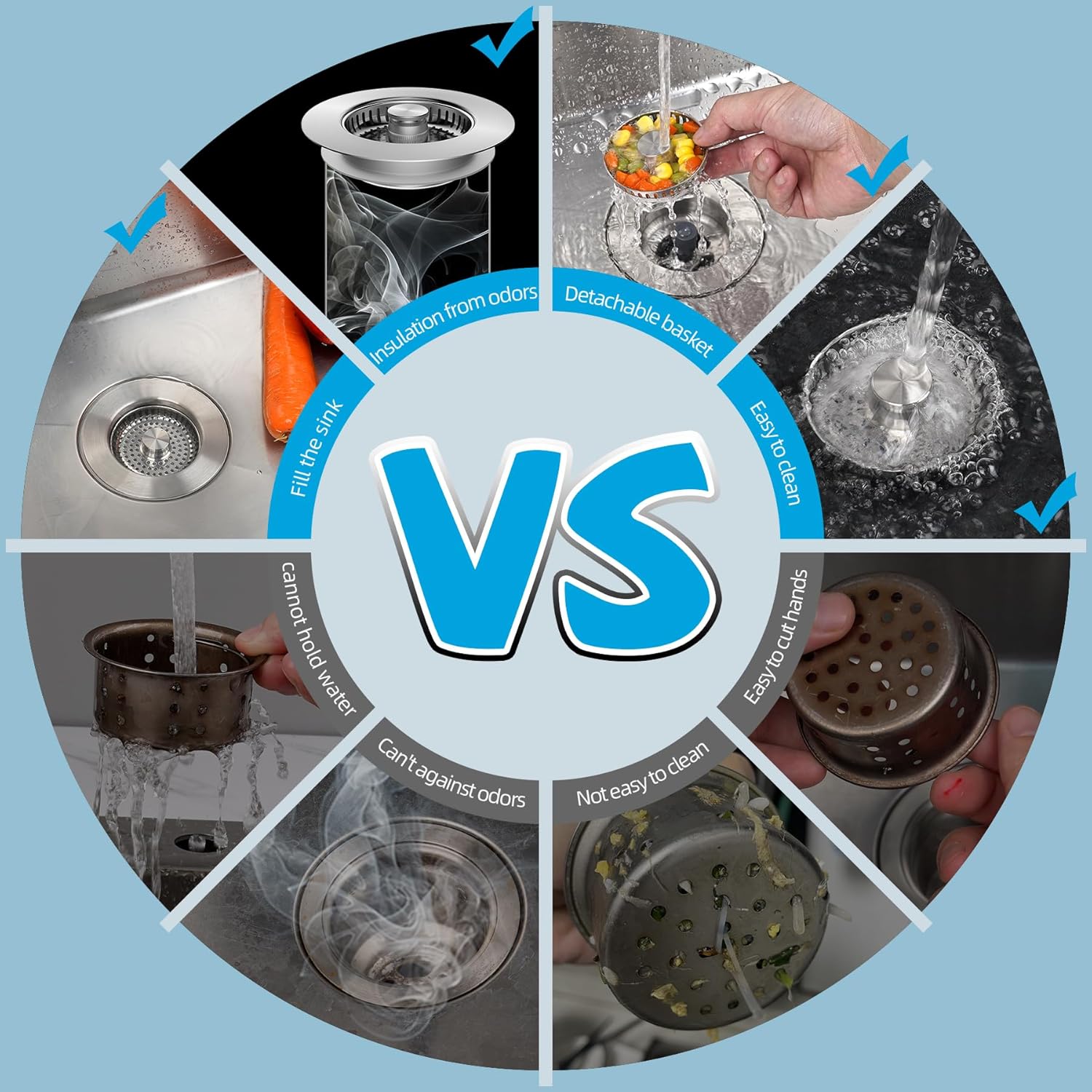2 Pack All Metal Stainless Steel 3 in 1 Kitchen Sink Drain Strainer, Upgraded Anti-Rust Sink Stop Combo, Anti-Clogging Stainless Steel Basket with Metal Handle for US Standard 3-1/2