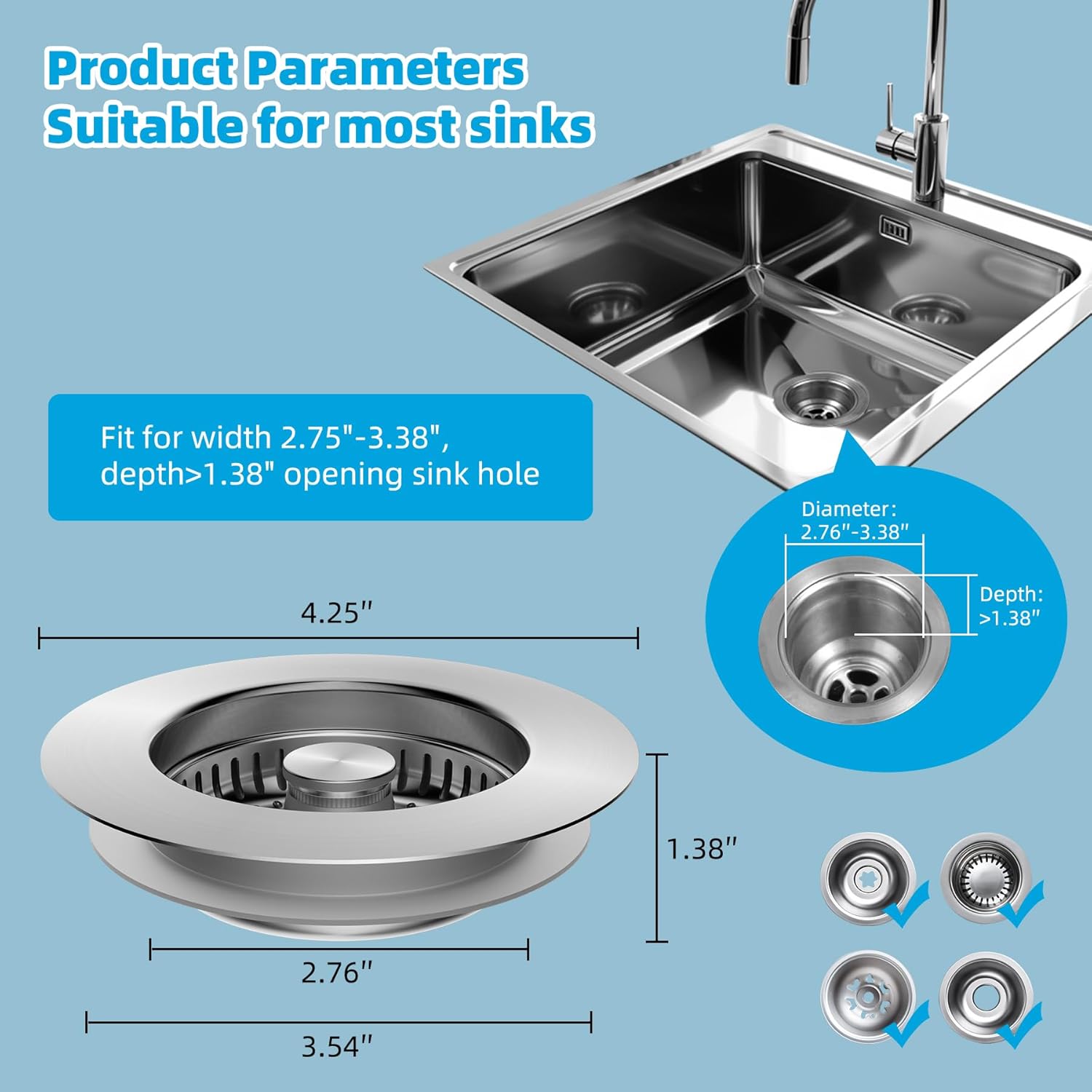 2 Pack All Metal Stainless Steel 3 in 1 Kitchen Sink Drain Strainer, Upgraded Anti-Rust Sink Stop Combo, Anti-Clogging Stainless Steel Basket with Metal Handle for US Standard 3-1/2