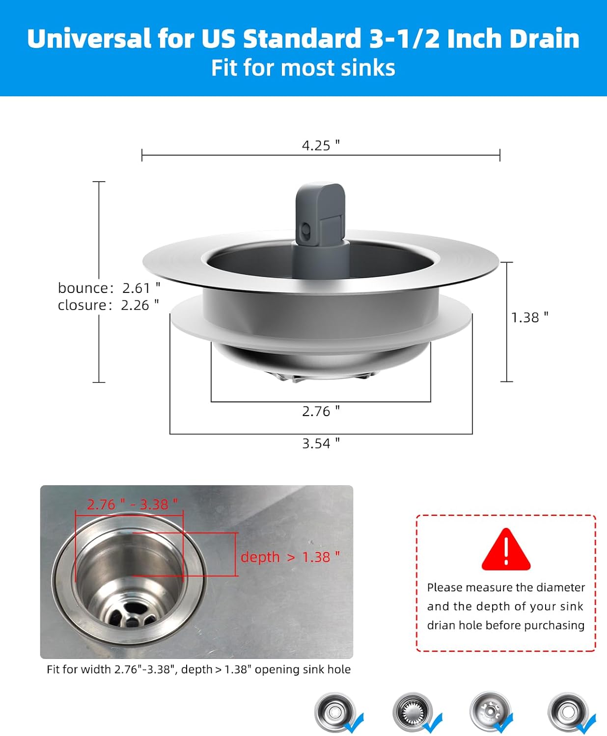 Upgraded 3 in 1 Kitchen Sink Drain Strainer and Stopper Combo, Stainless Steel Metal Pop Up Sink Stopper, Anti-Clogging Basket with Foldable Handle for US Standard 3-1/2 Inch Drain - Image 7