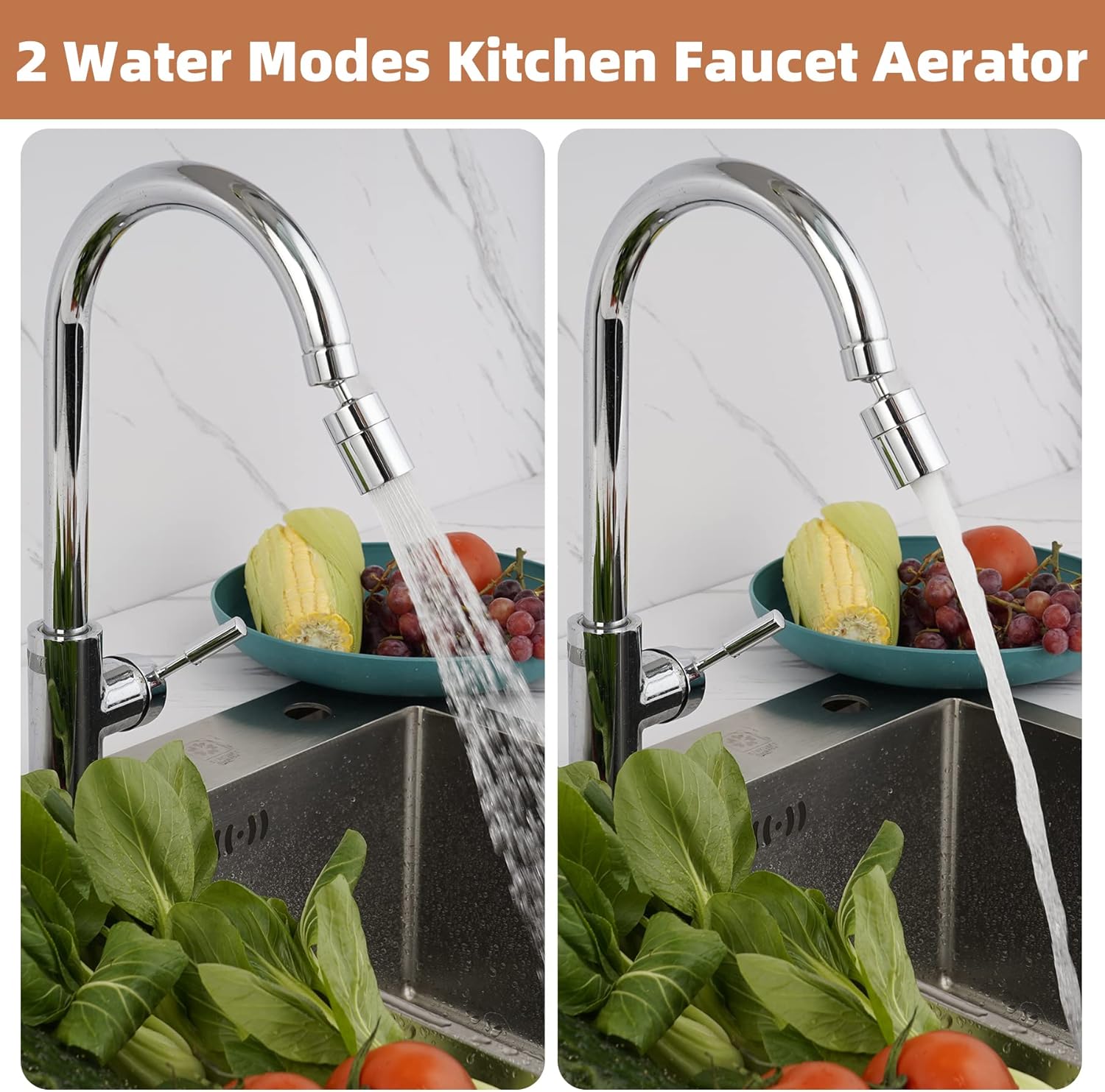 Kitchen Sink Faucet Aerator Solid Brass - Big Angle Swivel Faucet Aerator Dual-Function 2 Sprayer Kitchen Faucet Attachment Swivel Sprayer- 360-Degree Swivel - Polished Chrome/ 1.8GPM - Image 2