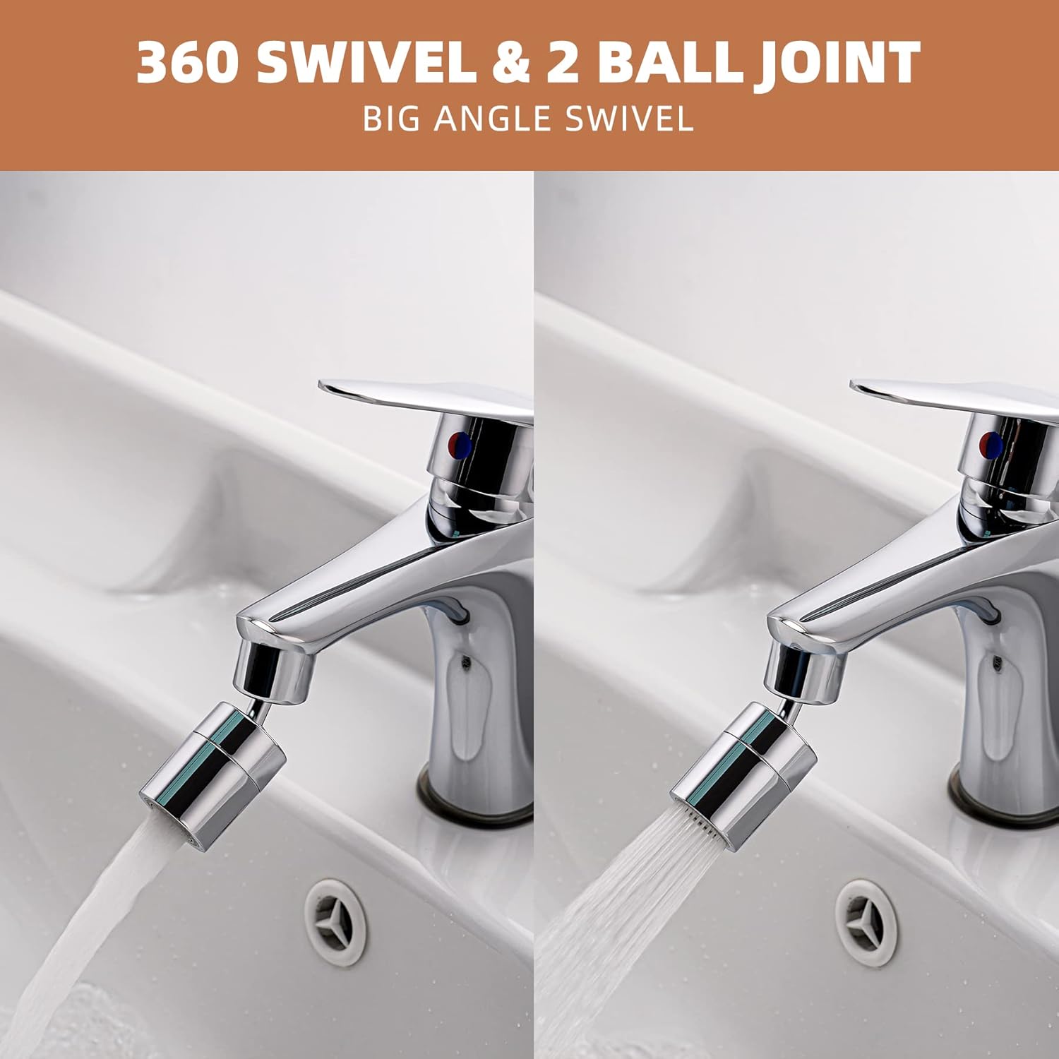 Kitchen Sink Faucet Aerator Solid Brass - Big Angle Swivel Faucet Aerator Dual-Function 2 Sprayer Kitchen Faucet Attachment Swivel Sprayer- 360-Degree Swivel - Polished Chrome/ 1.8GPM - Image 3