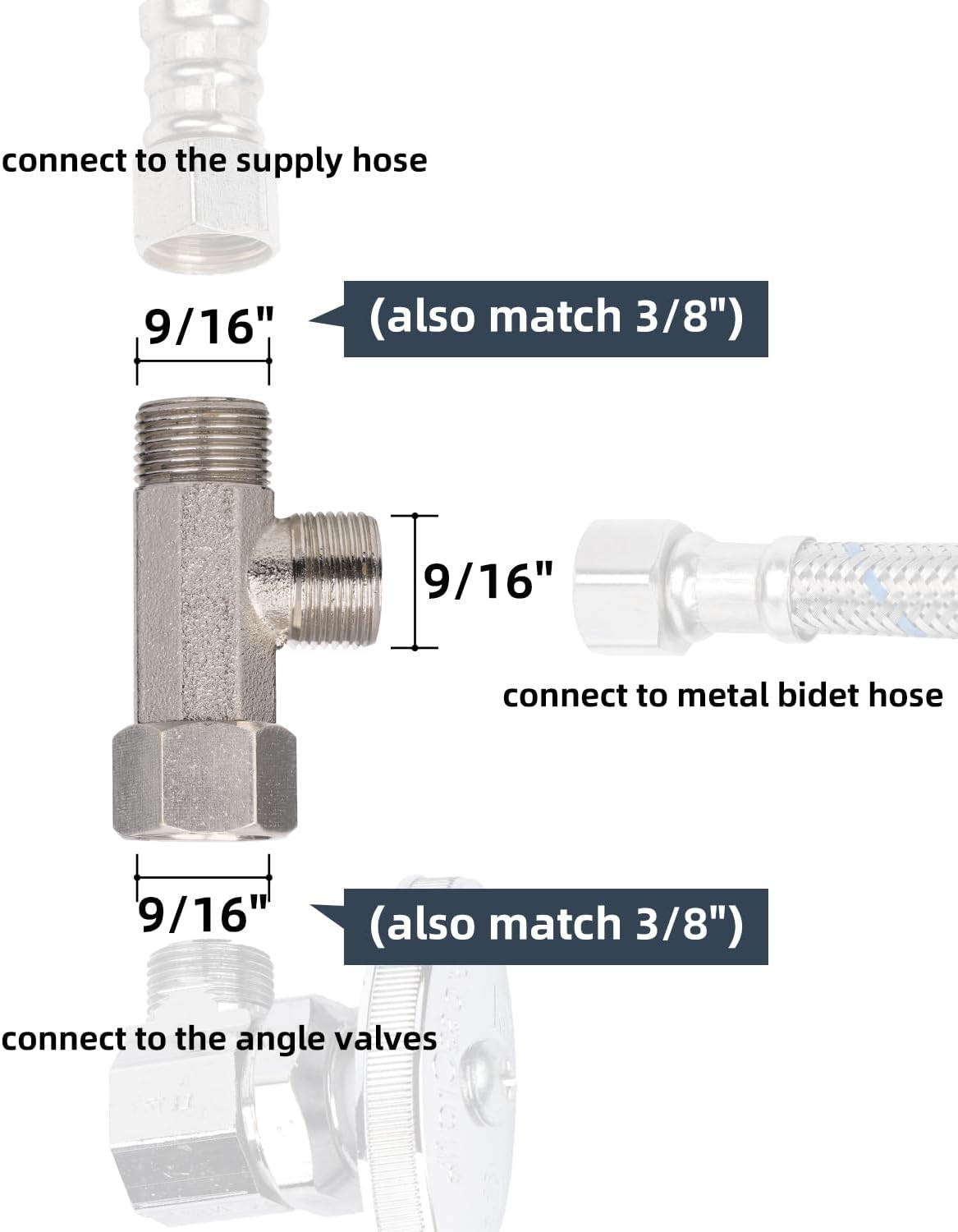 Bidet T Adapter, Metal T Valve for Bidet(3/8” x 3/8” x 3/8”), 3 Way Tee Connector Bidet Attachment for Toilet - Image 2