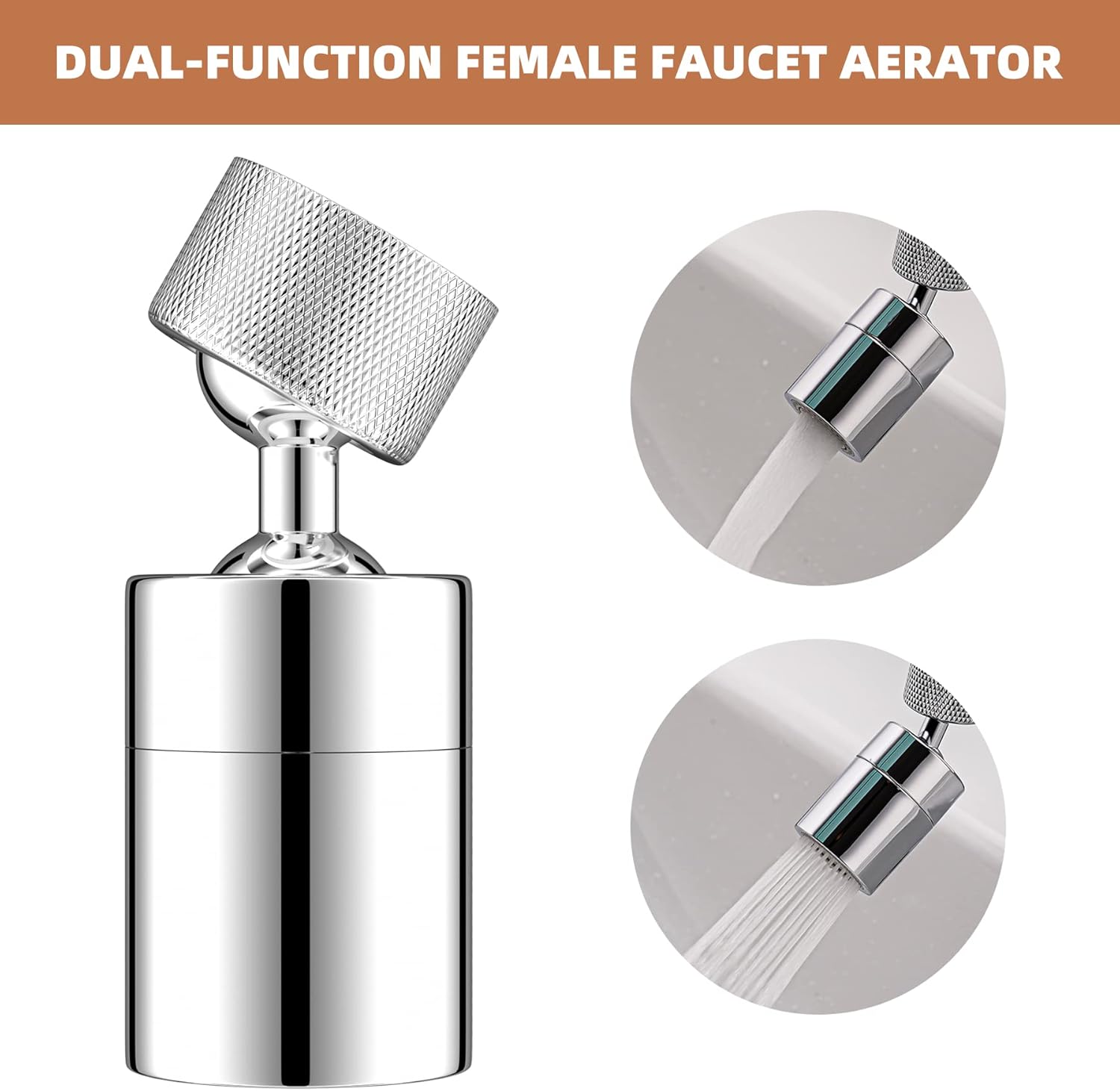 Dual-Function Female Faucet Aerator, 1.8 GPM Extra Big Angle Rotate Kitchen Sink Aerator Sprayer Head 360 Degree Swivel Kitchen Sink Sprayer Attachment-55/64 Inch-27UNS Female Thread-Chrome - Image 8