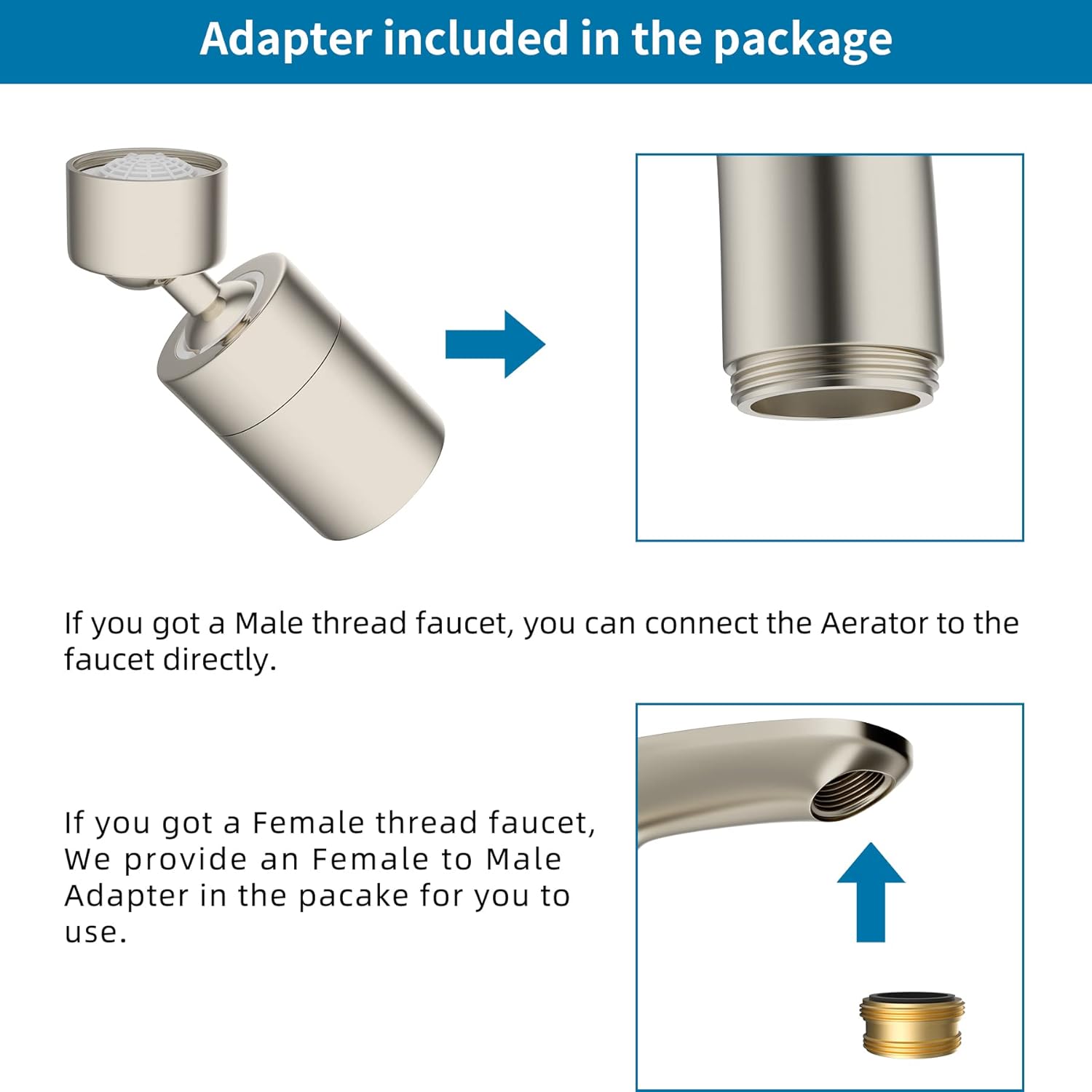 NSF/ANSI/CAN 61 Certified Faucet Aerator, Kitchen Sink Faucet Aerator, 2 Water Flow CUPC Certification 360-degree Swivel Faucet Extender, 55/64 Inch Female Thread, Water Saving-Brushed Nickel - Image 8