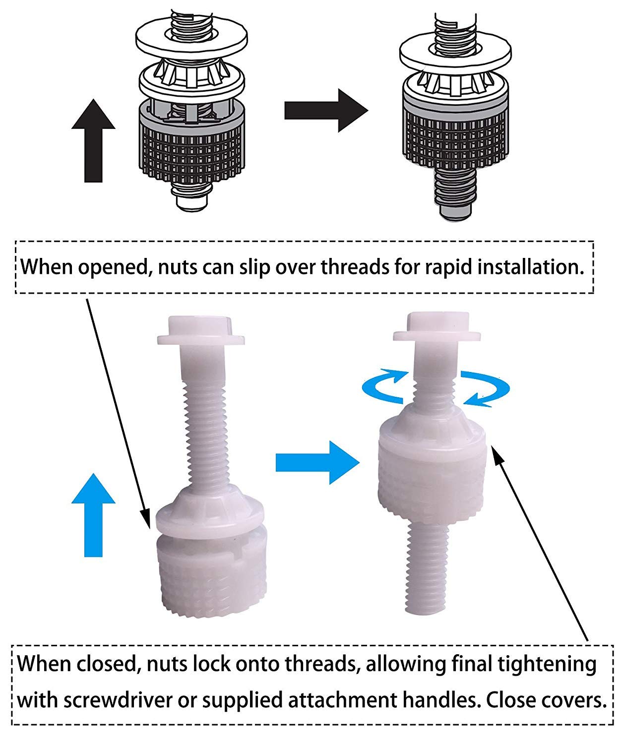 Universal Toilet Seat Hinge Bolt Screw for Top Mount Toilet Seat Hinges, Downlock Nuts can Slip Over Bolts Threads for Rapid Installation Without Screwing in-White Plastic Replacement Parts - Image 4