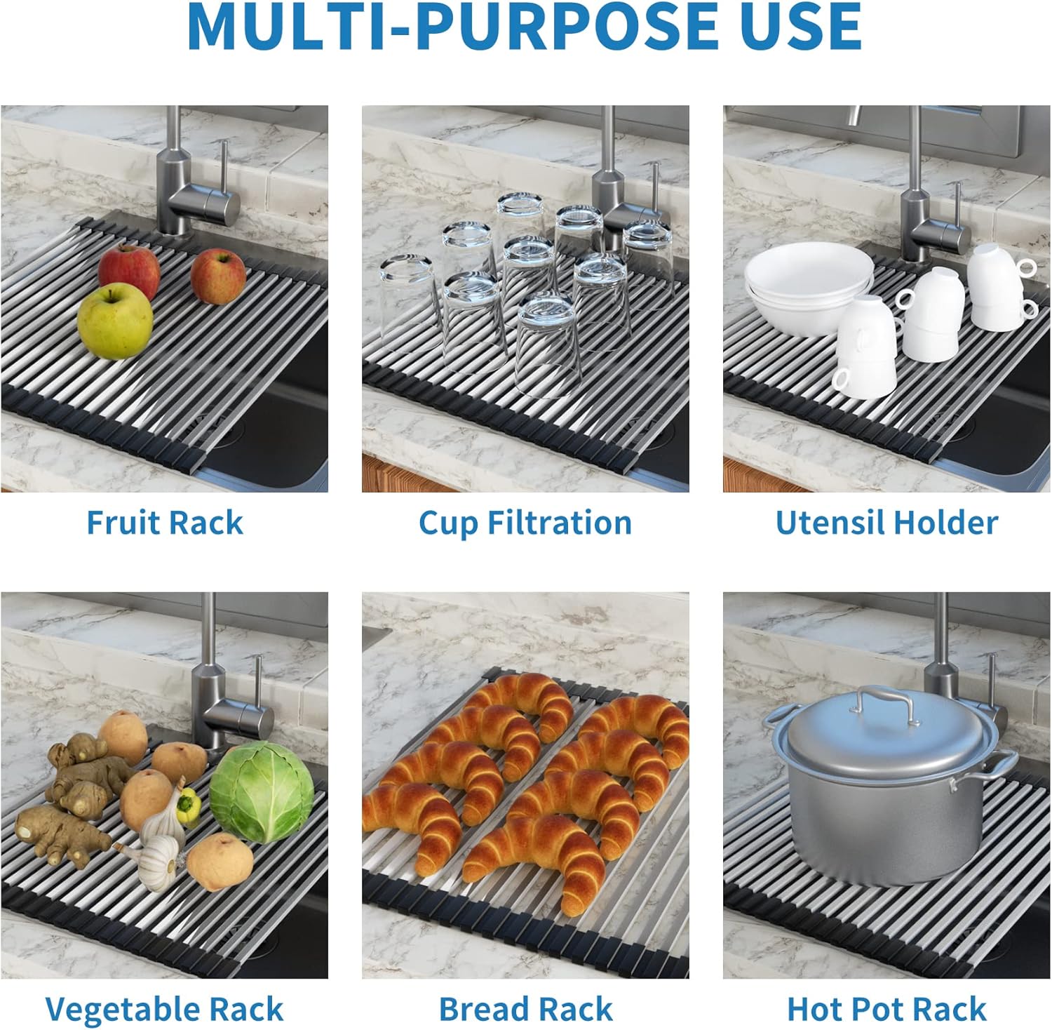 Roll Up Dish Drying Rack, Extra Large Dish Rack Over The Sink, Multipurpose Stainless Steel Rollup Sink Matt for Dishes, Portable Kitchen Accessories Dish Drainer, Foldable (20.5''x17.5'') - Image 4