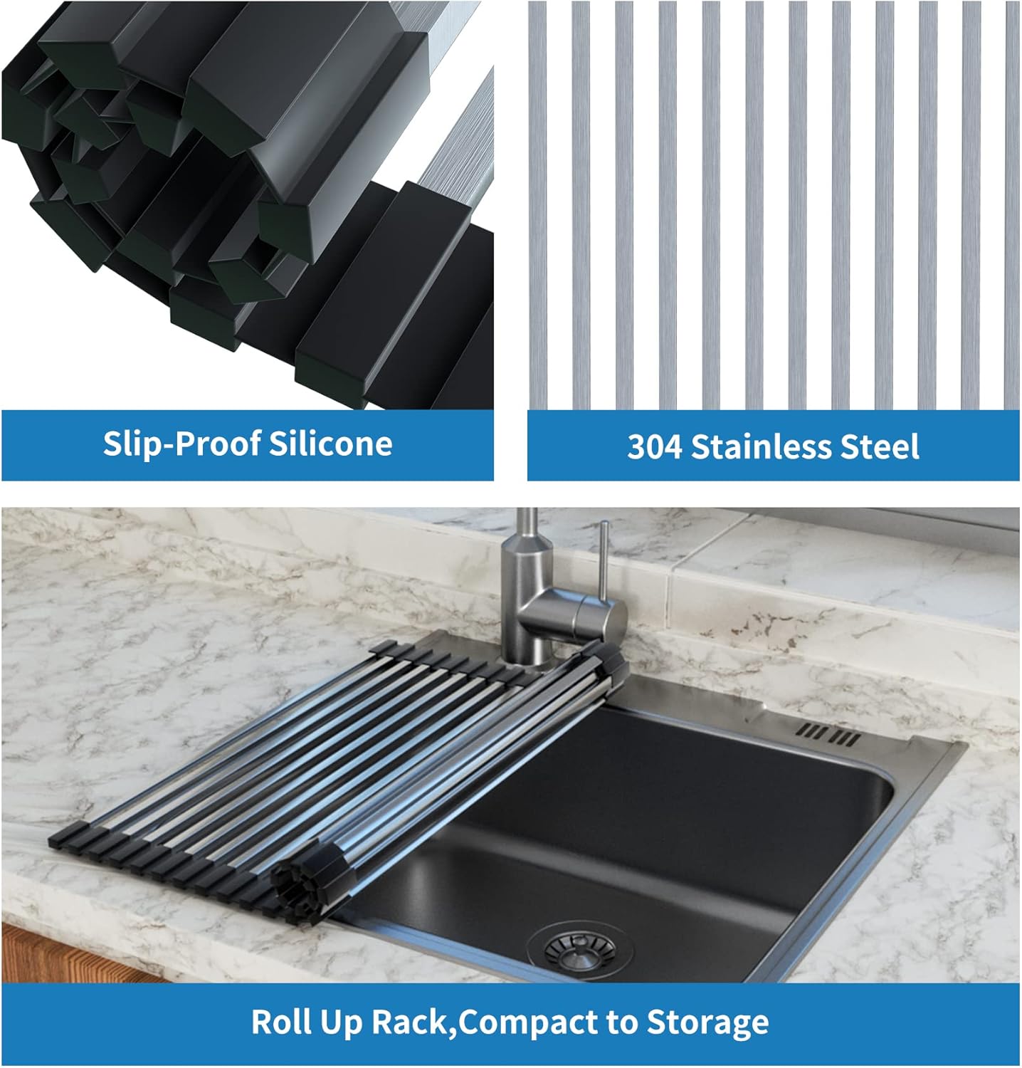 Roll Up Dish Drying Rack, Extra Large Dish Rack Over The Sink, Multipurpose Stainless Steel Rollup Sink Matt for Dishes, Portable Kitchen Accessories Dish Drainer, Foldable (20.5''x17.5'') - Image 5