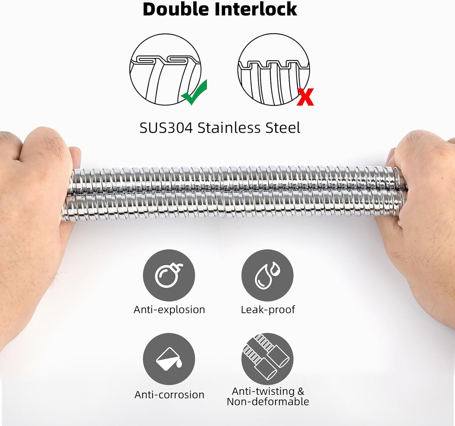 All Metal Shower Hose 90 inch (7.5 ft) Bathroom Handheld Shower Head Hose 2.3 Meters Extension Replacement Part with Brass Fittings Made of Stainless Steel -Polished Chrome Finish - Image 2