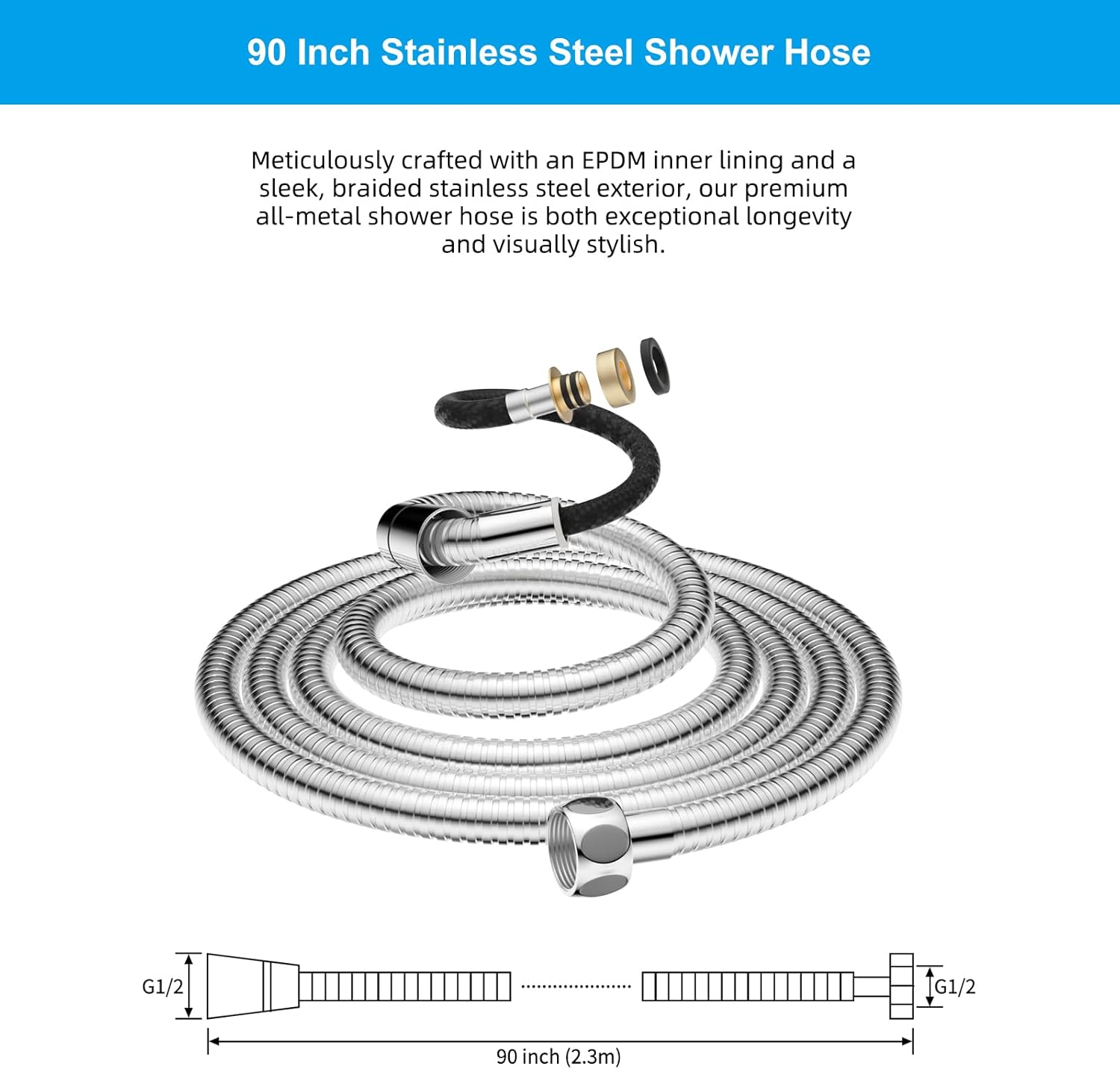 All Metal Shower Hose 90 inch (7.5 ft) Bathroom Handheld Shower Head Hose 2.3 Meters Extension Replacement Part with Brass Fittings Made of Stainless Steel -Polished Chrome Finish - Image 6