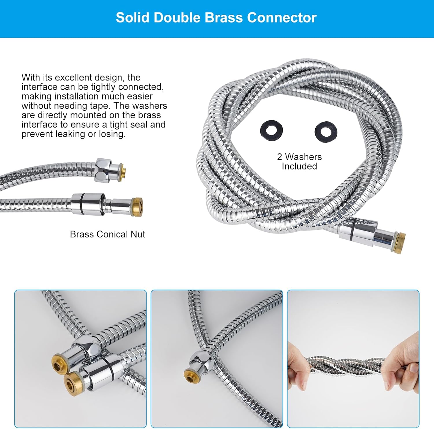 All Metal Shower Hose 90 inch (7.5 ft) Bathroom Handheld Shower Head Hose 2.3 Meters Extension Replacement Part with Brass Fittings Made of Stainless Steel -Polished Chrome Finish - Image 8