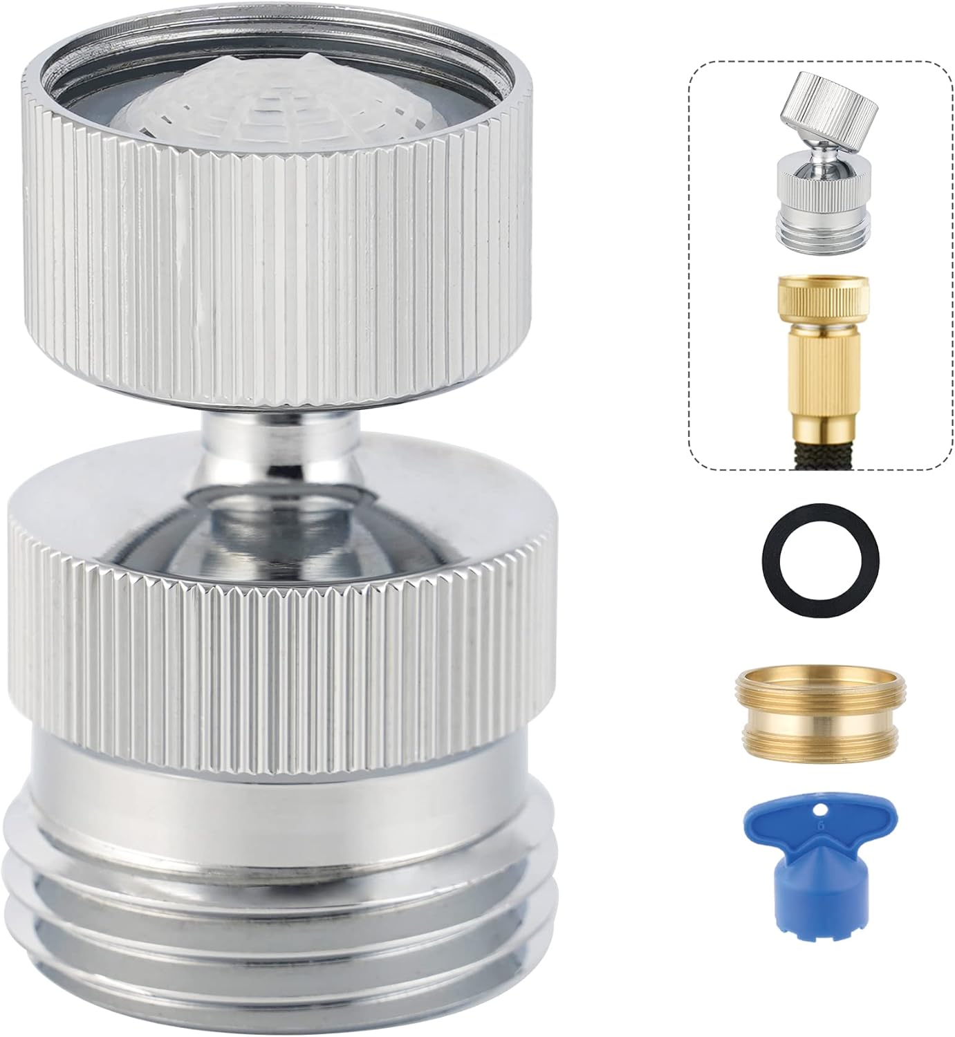 Garden Hose Adapter Kit - Sink Swivel Faucet Aerator to Connect Hose, Multi-Thread With Cache Aerator Key for Male and Female Connections, Chrome Finish - Image 1