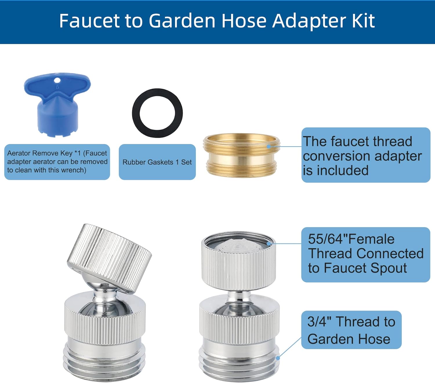 Garden Hose Adapter Kit - Sink Swivel Faucet Aerator to Connect Hose, Multi-Thread With Cache Aerator Key for Male and Female Connections, Chrome Finish - Image 2