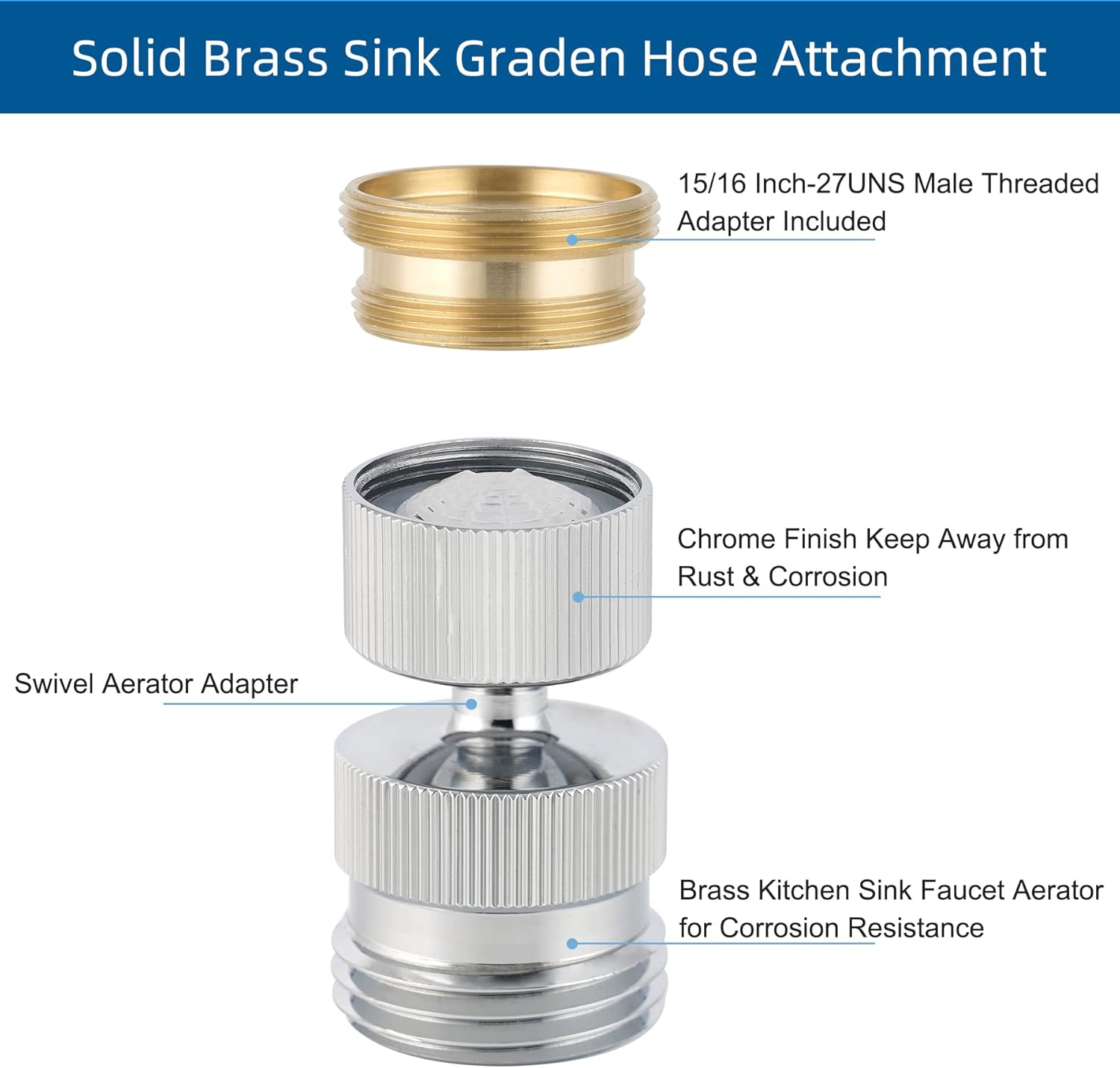 Garden Hose Adapter Kit - Sink Swivel Faucet Aerator to Connect Hose, Multi-Thread With Cache Aerator Key for Male and Female Connections, Chrome Finish - Image 3