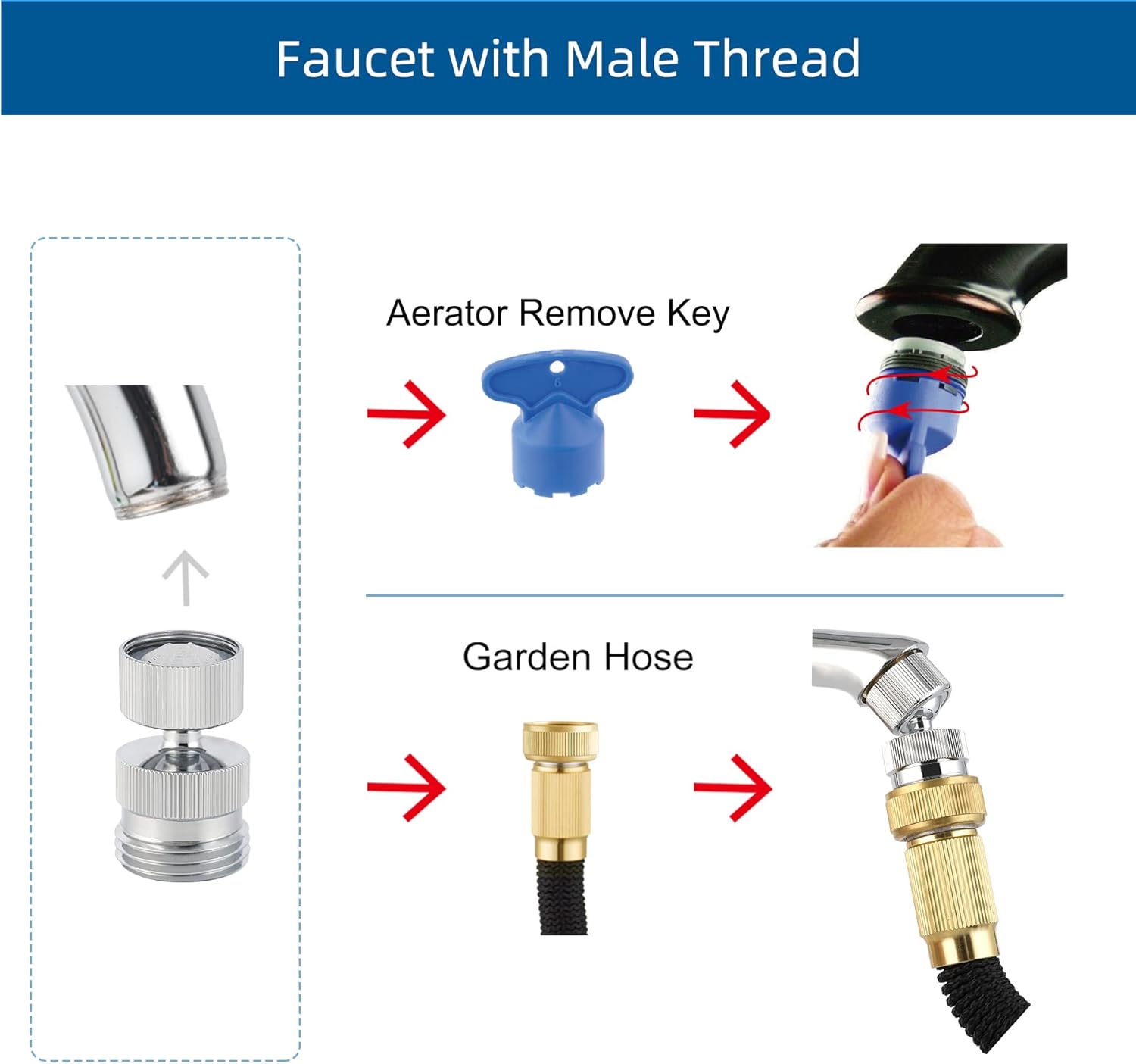 Garden Hose Adapter Kit - Sink Swivel Faucet Aerator to Connect Hose, Multi-Thread With Cache Aerator Key for Male and Female Connections, Chrome Finish - Image 6