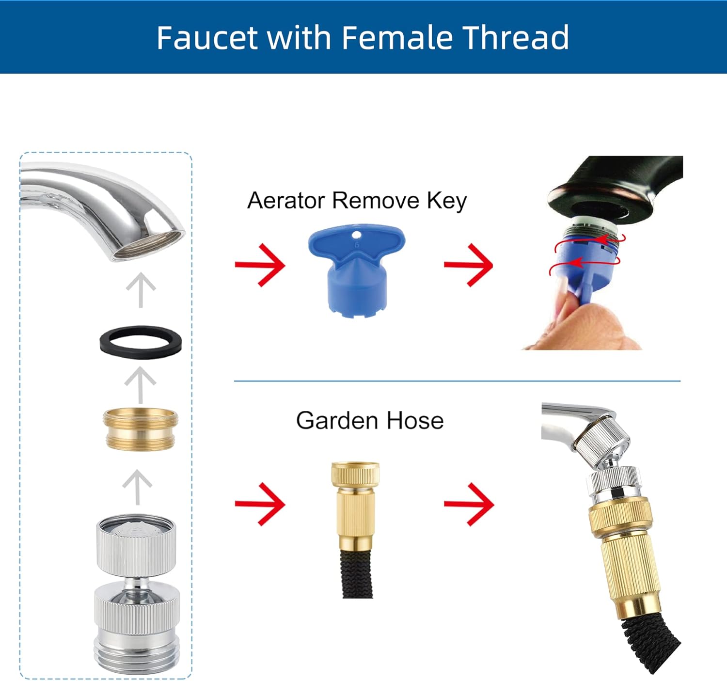Garden Hose Adapter Kit - Sink Swivel Faucet Aerator to Connect Hose, Multi-Thread With Cache Aerator Key for Male and Female Connections, Chrome Finish - Image 7