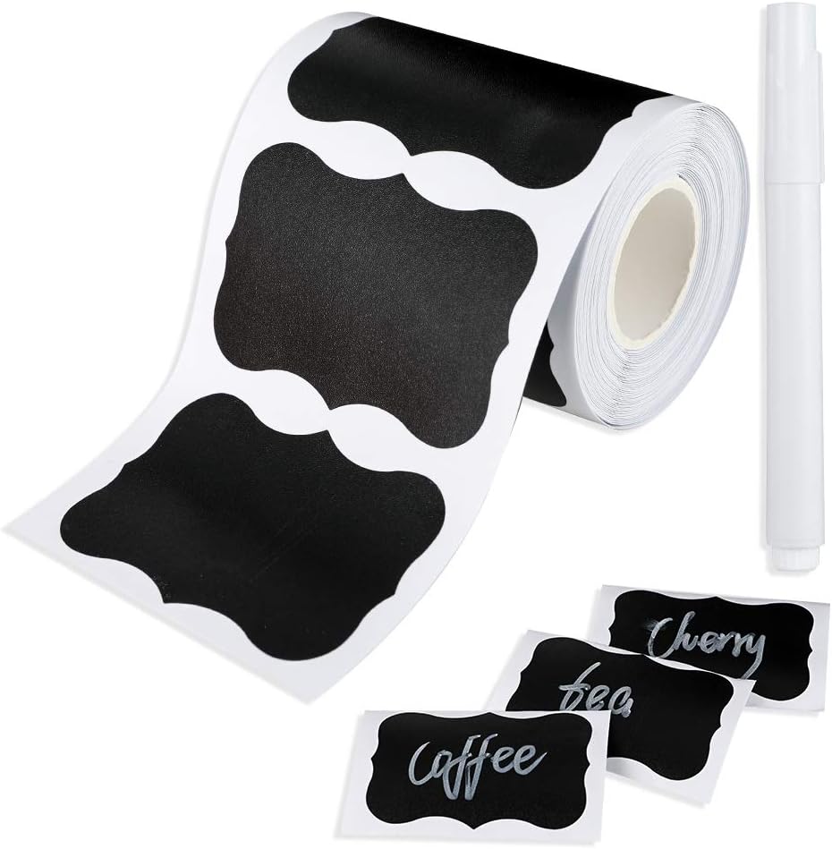 Cerolopy 150Pcs Waterproof Chalkboard Labels, Reusable Blackboard Stickers for Kitchen Organize with 1 White Chalk Pen,Removable Label Sticker on a Roll for Jars, Scrapbooking(Lace Shape) - Image 1