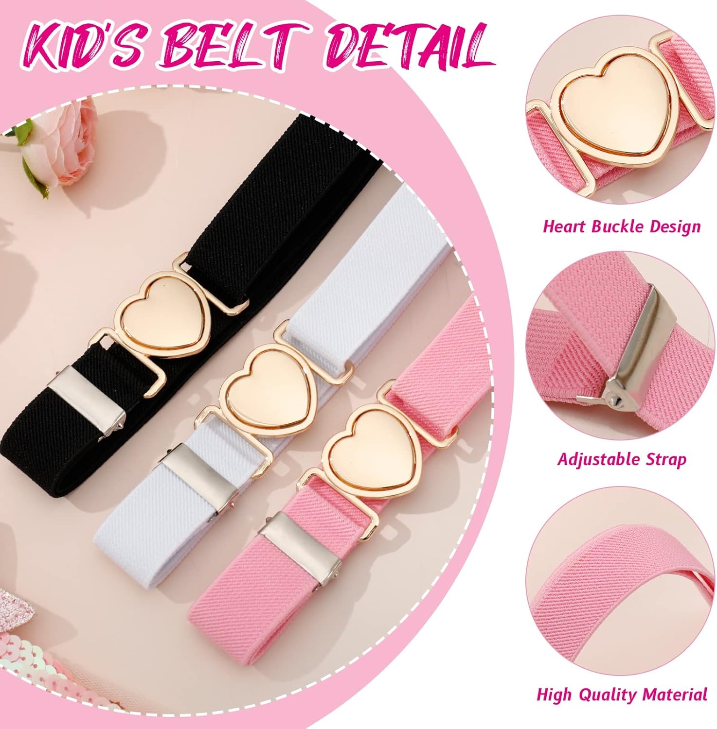 3 Pack Elastic Belts for Toddler Kids Adjustable Boys Girls Teens Stretch Belts with Heart Buckle - Image 2