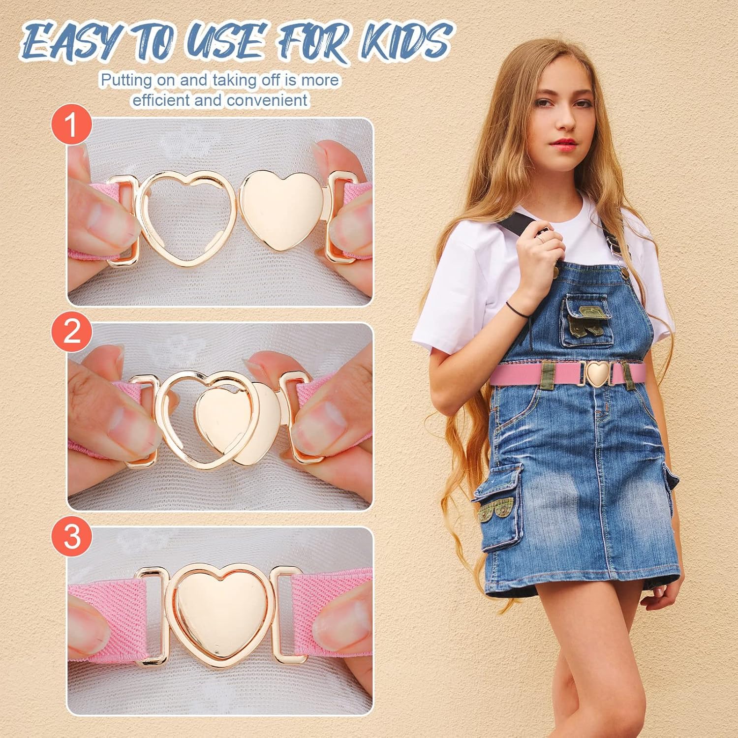 3 Pack Elastic Belts for Toddler Kids Adjustable Boys Girls Teens Stretch Belts with Heart Buckle - Image 3
