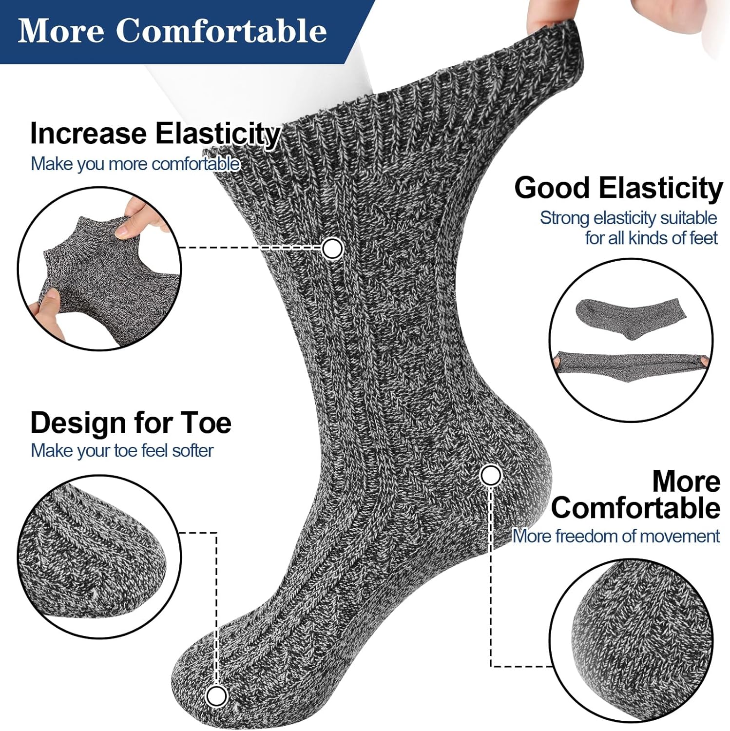 5 Pairs Men's Wool Socks, Wool Hiking Socks, Winter Thick Thermal Soft Warm Sock Cozy Boot Sock Gifts for Men - Image 2
