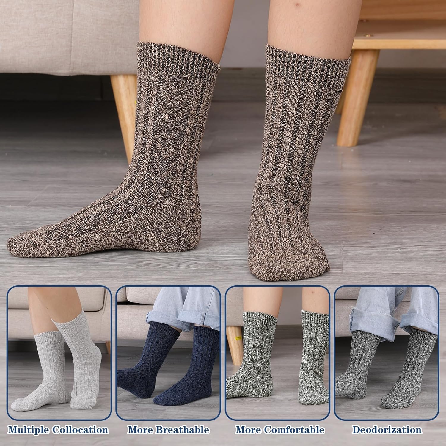 5 Pairs Men's Wool Socks, Wool Hiking Socks, Winter Thick Thermal Soft Warm Sock Cozy Boot Sock Gifts for Men - Image 5