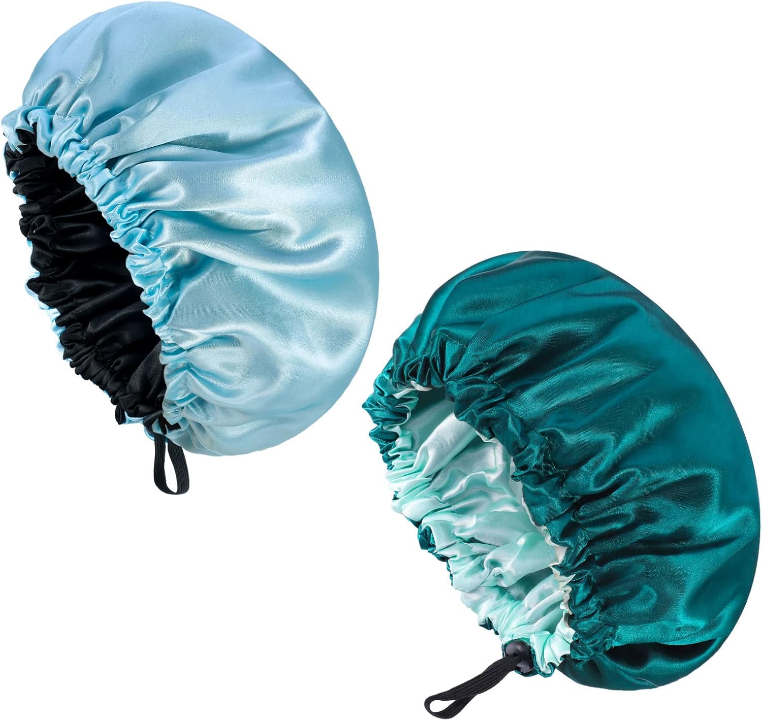 NADONEL 2 Pcs Silk Bonnet Sleep Cap, Adjustable Silk Bonnet Sleep Cap Waterproof Satin Hair Cap Night Cap Double Layer Satin Bonnet for Women Girls Black Curly Hair (Blue+Green) - Image 1