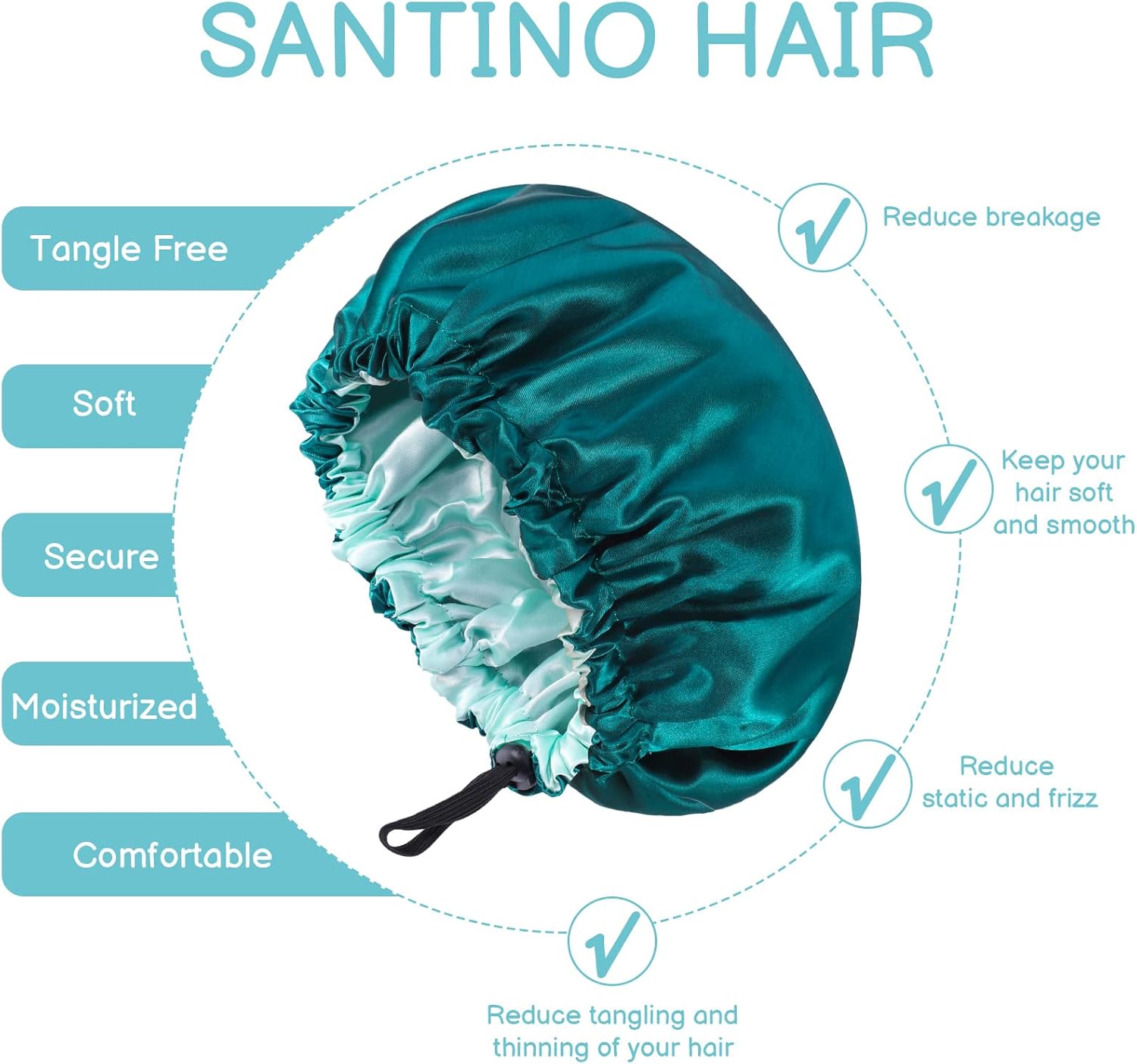 NADONEL 2 Pcs Silk Bonnet Sleep Cap, Adjustable Silk Bonnet Sleep Cap Waterproof Satin Hair Cap Night Cap Double Layer Satin Bonnet for Women Girls Black Curly Hair (Blue+Green) - Image 3