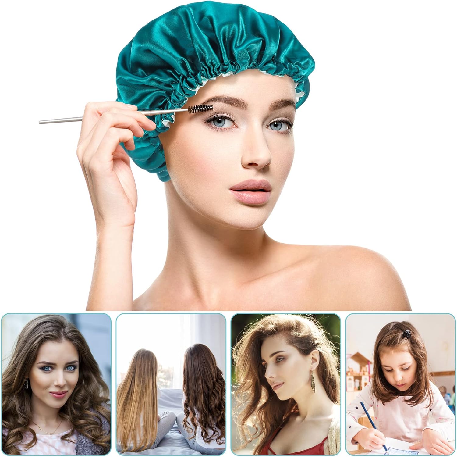 NADONEL 2 Pcs Silk Bonnet Sleep Cap, Adjustable Silk Bonnet Sleep Cap Waterproof Satin Hair Cap Night Cap Double Layer Satin Bonnet for Women Girls Black Curly Hair (Blue+Green) - Image 5