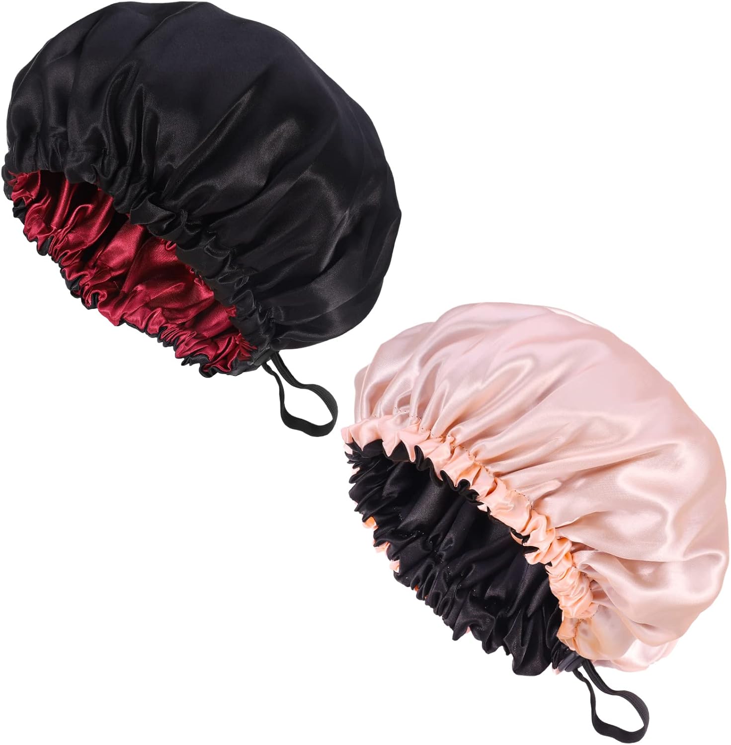 2 Pcs Silk Bonnet Sleep Cap, Adjustable Waterproof Satin Hair Night Cap, Double Layer for Women Girls Black Curly Hair - Image 1