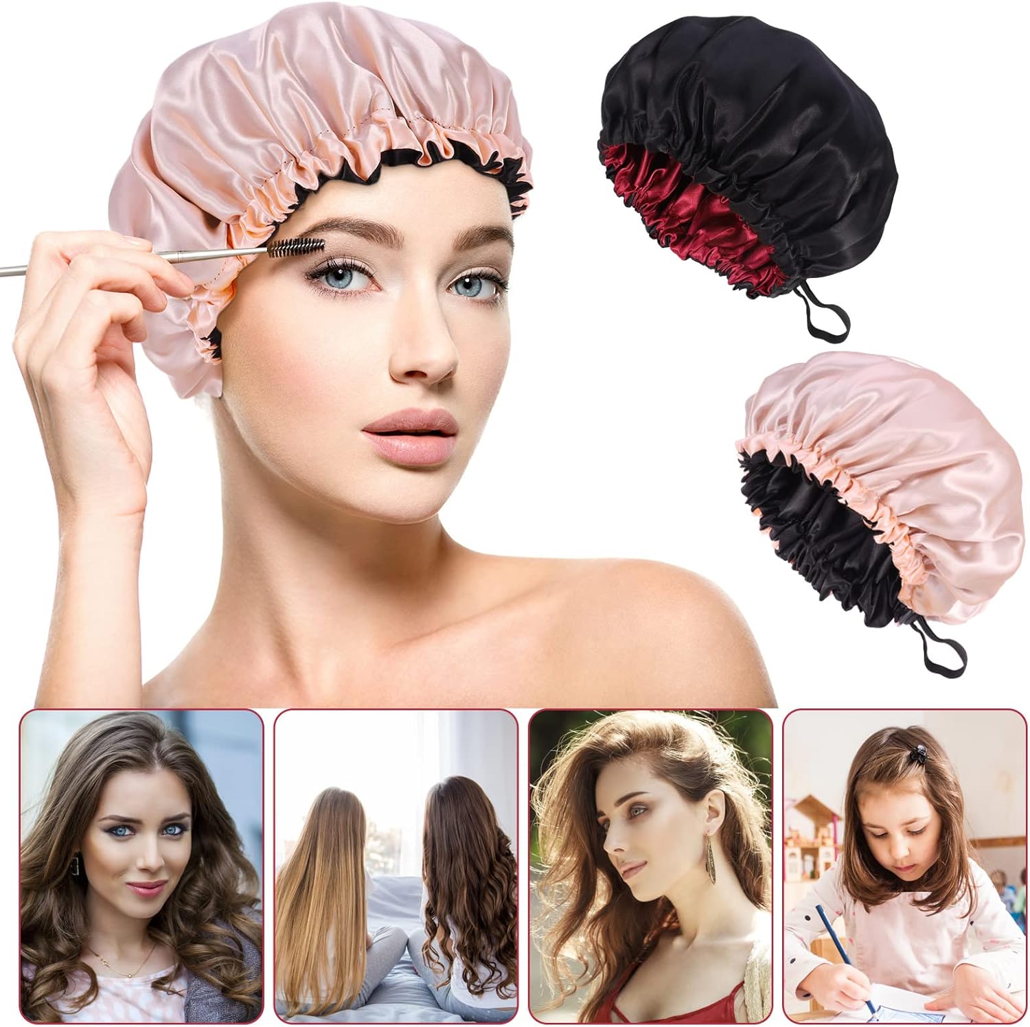 2 Pcs Silk Bonnet Sleep Cap, Adjustable Waterproof Satin Hair Night Cap, Double Layer for Women Girls Black Curly Hair - Image 5