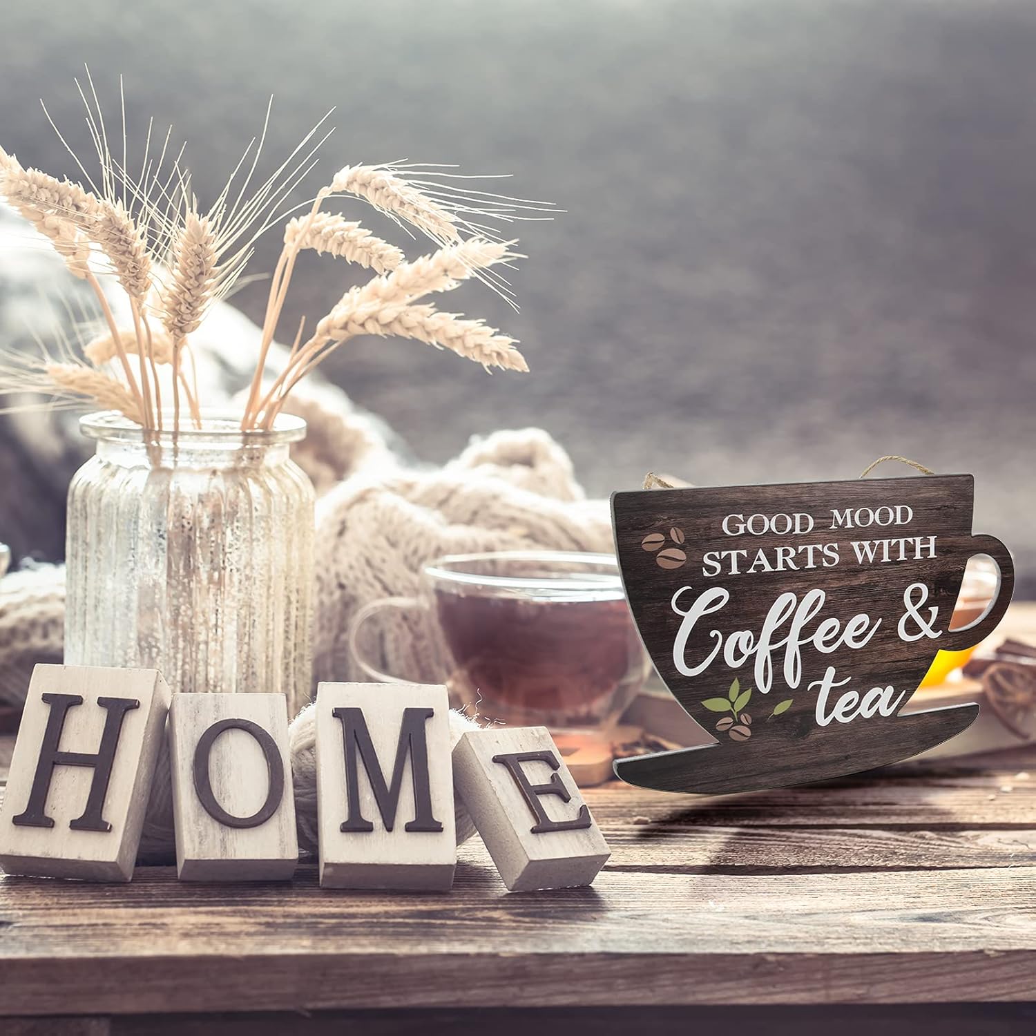 Wooden Coffee Sign Good Moon Starts with Coffee & Tea Hanging Plaque Coffee Sign Farmhouse Decorative for Kitchen Bar Decor Coffee Lover - Image 5