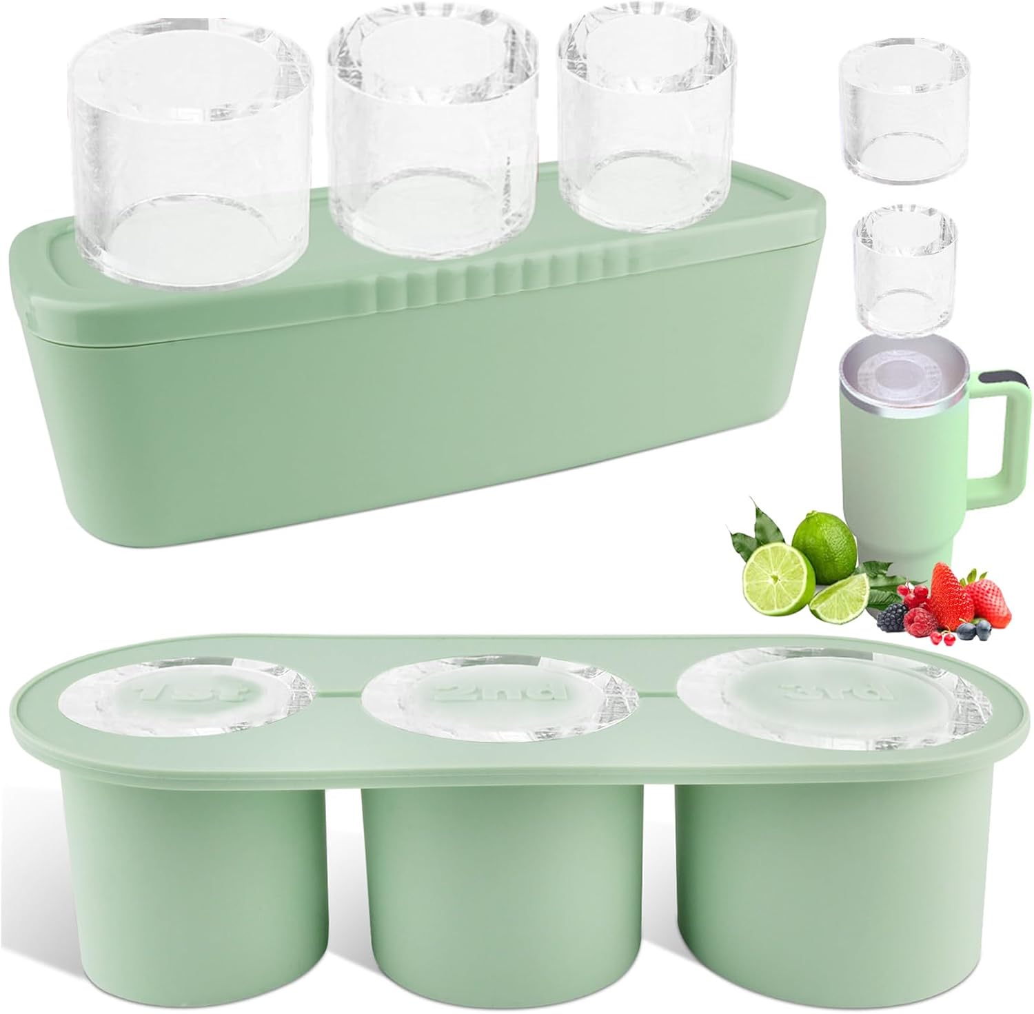 Store Ice Cube Tray for Stanley Cup 30-40 oz Tumbler 3pcs Silicone Ice Cube Molds With Lid and Bin for Chilling Cocktails Whiskey Drinks Juice Coffee Easy Fill and Release Ice Maker(Green, 40 oz) - Image 1