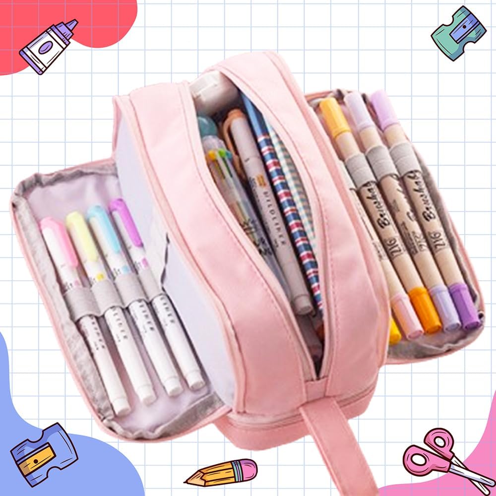 Large Capacity Pencil Case Adult, Office College School Portable Handle Cute Pencil Case with Zipper, Aesthetic Study Pencil Pouch Stationery Organizer for Back to School Teen Men Women (Pink) - Image 2