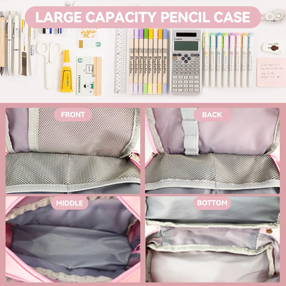 Large Capacity Pencil Case Adult, Office College School Portable Handle Cute Pencil Case with Zipper, Aesthetic Study Pencil Pouch Stationery Organizer for Back to School Teen Men Women (Pink) - Image 4