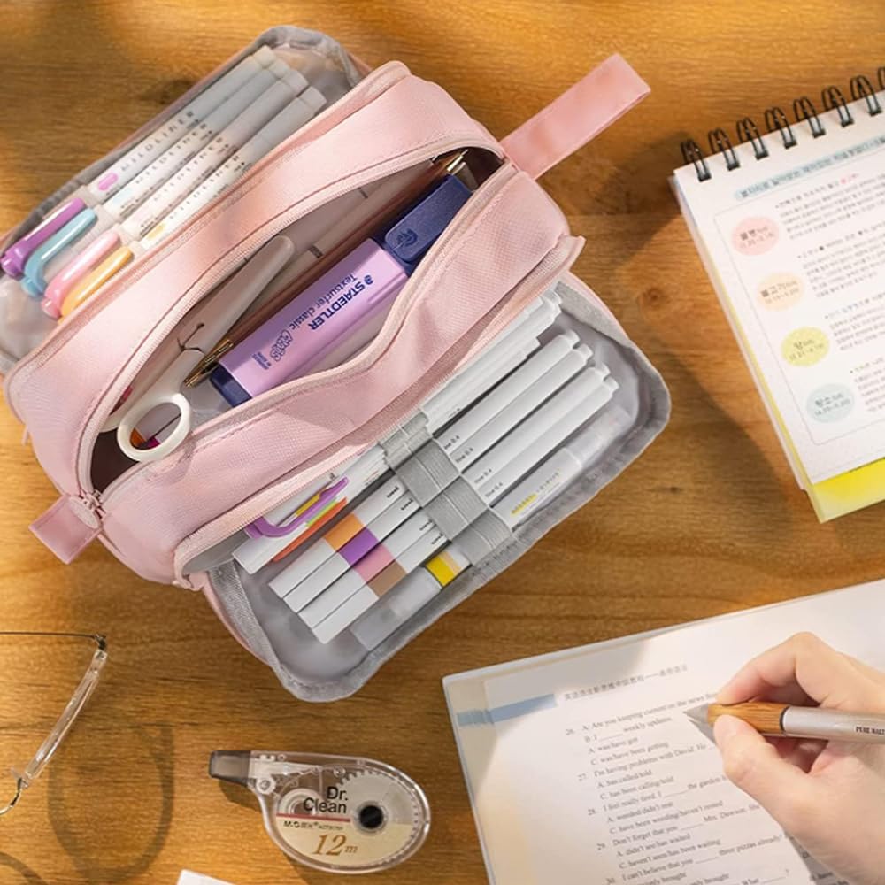 Large Capacity Pencil Case Adult, Office College School Portable Handle Cute Pencil Case with Zipper, Aesthetic Study Pencil Pouch Stationery Organizer for Back to School Teen Men Women (Pink) - Image 5