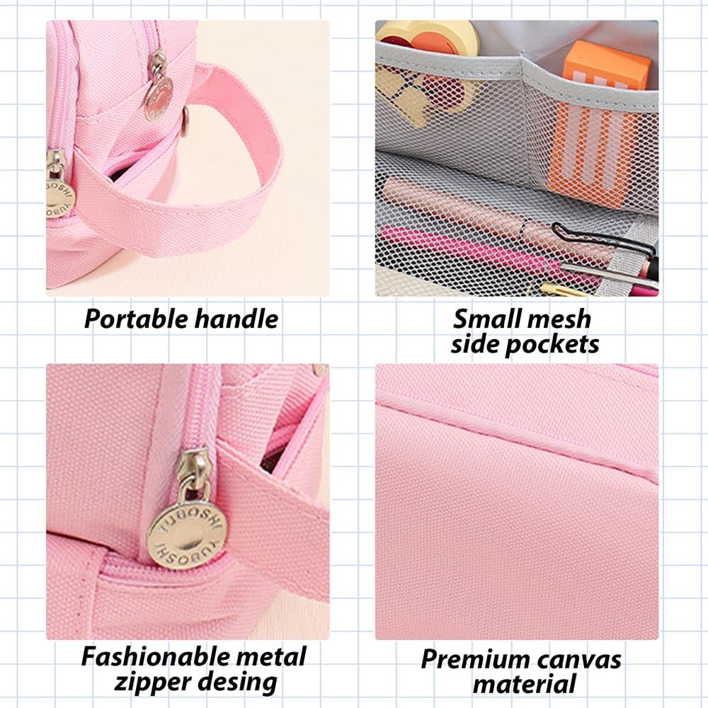 Large Capacity Pencil Case Adult, Office College School Portable Handle Cute Pencil Case with Zipper, Aesthetic Study Pencil Pouch Stationery Organizer for Back to School Teen Men Women (Pink) - Image 7