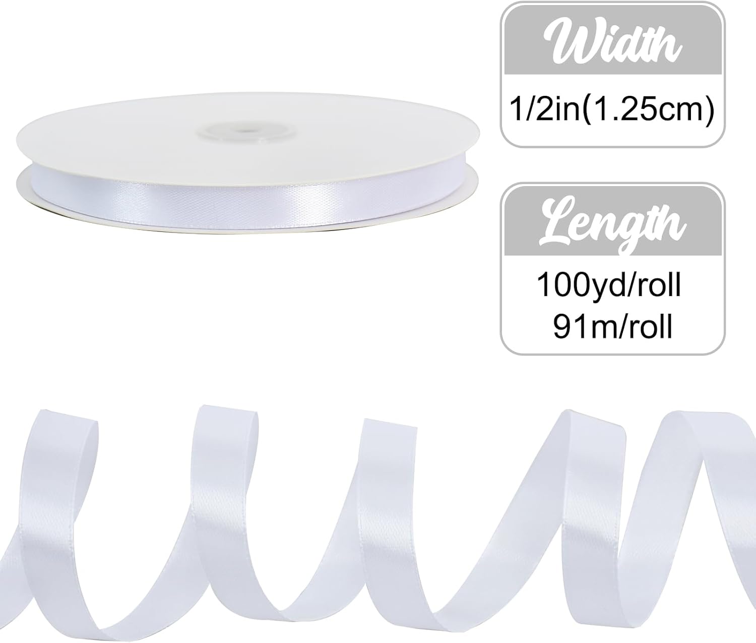 1/2 Inch x 100yds White Satin Ribbon Thin Solid Fabric Ribbons for Invitation Gift Wrapping, Bows Craft Making, Floral Bouquets, Valentine's Day Wedding Party Decoration - Image 2