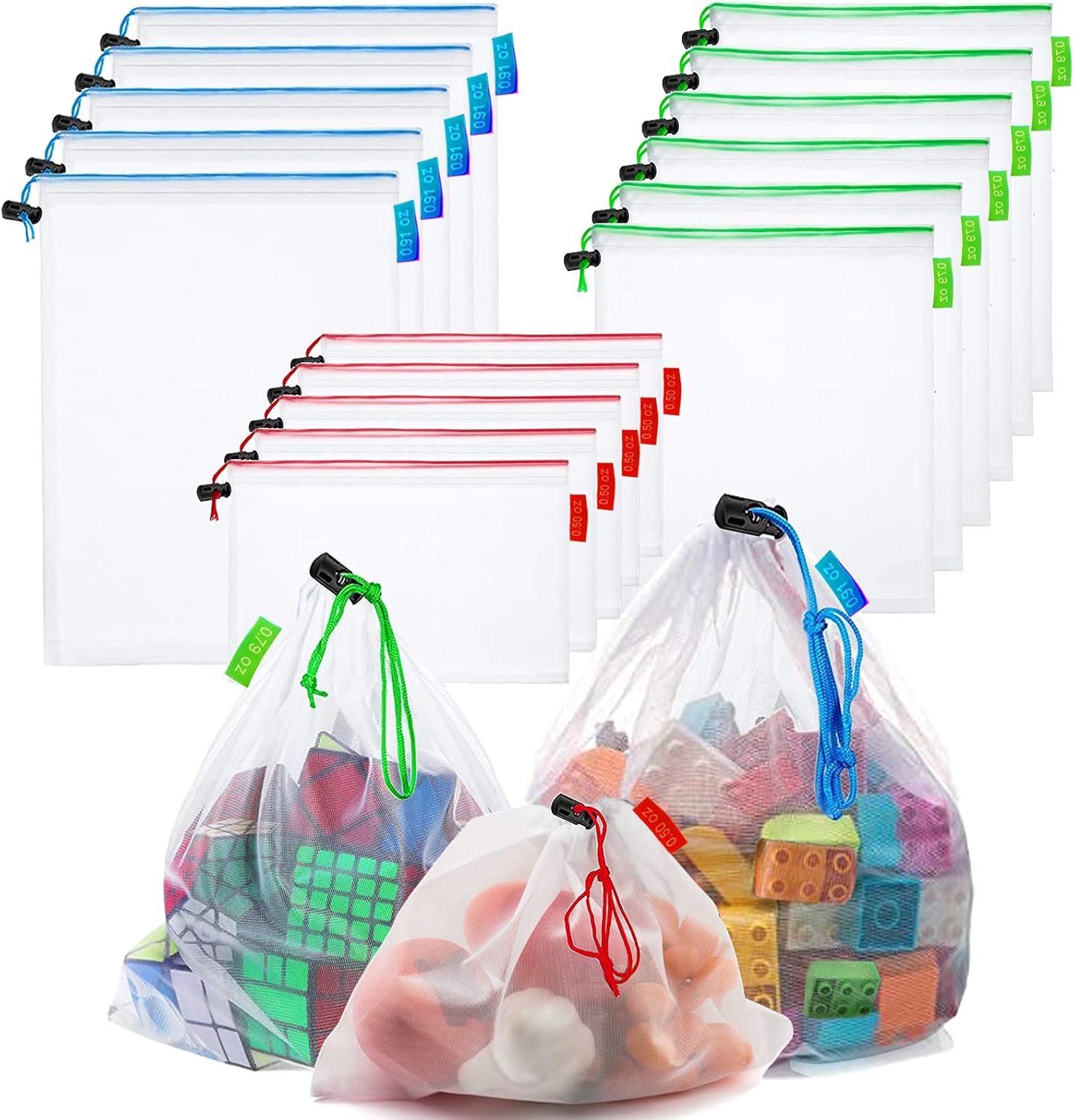 16 Pcs Mesh Small Toy Bags for Storage, 3 Sizes Reusable Mesh Drawstring Produce Bags Puzzle Bag for Kids Storage Playroom Organization, Fruits, Vegetable - Image 1