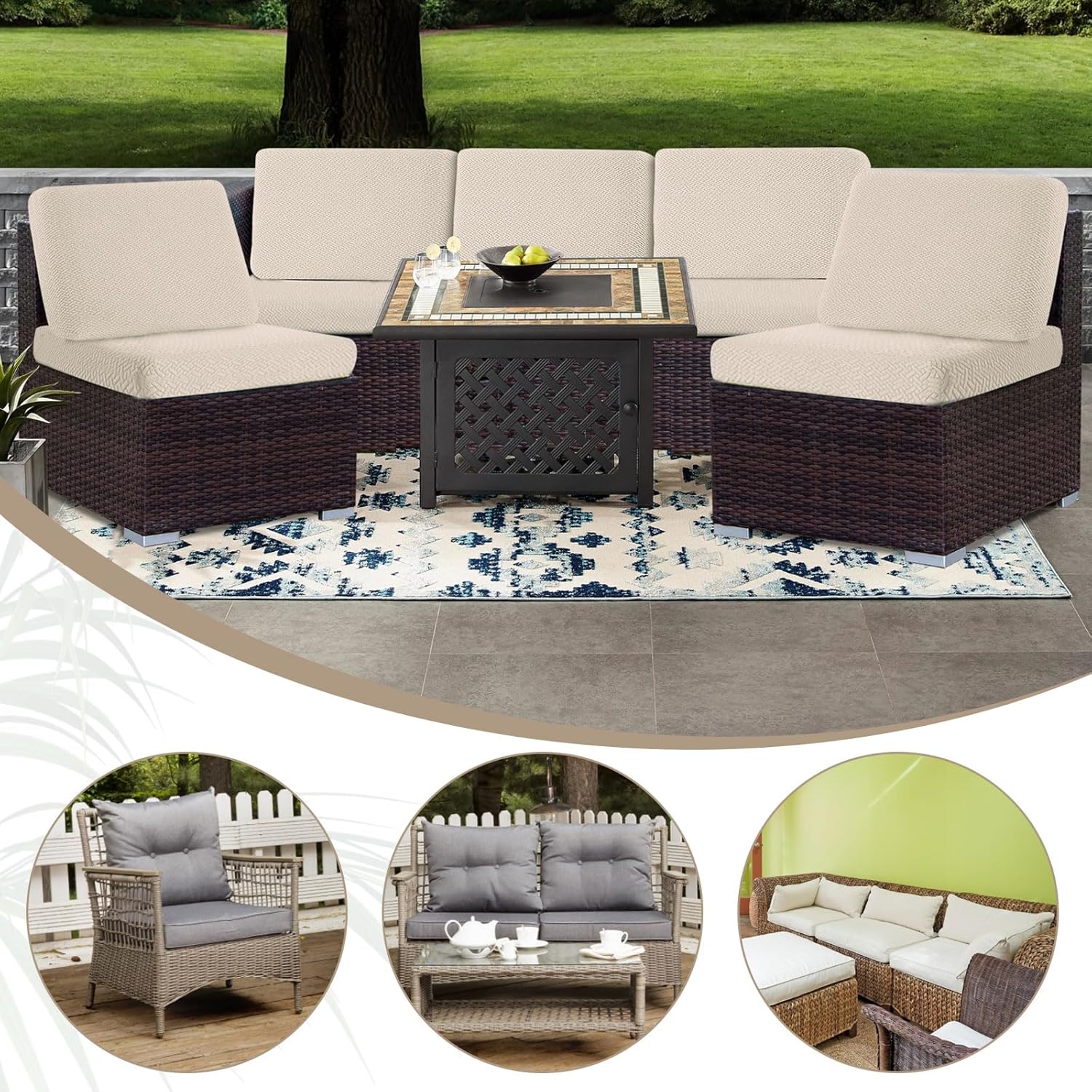 Outdoor Waterproof Couch Cushion Covers, Stretch Individual Patio Chair Cushion Outdoor Seat Cushion Pad Replacement Sofa Cushion Protector Sofa Slipcover (Cream, 2Pcs) - Image 2